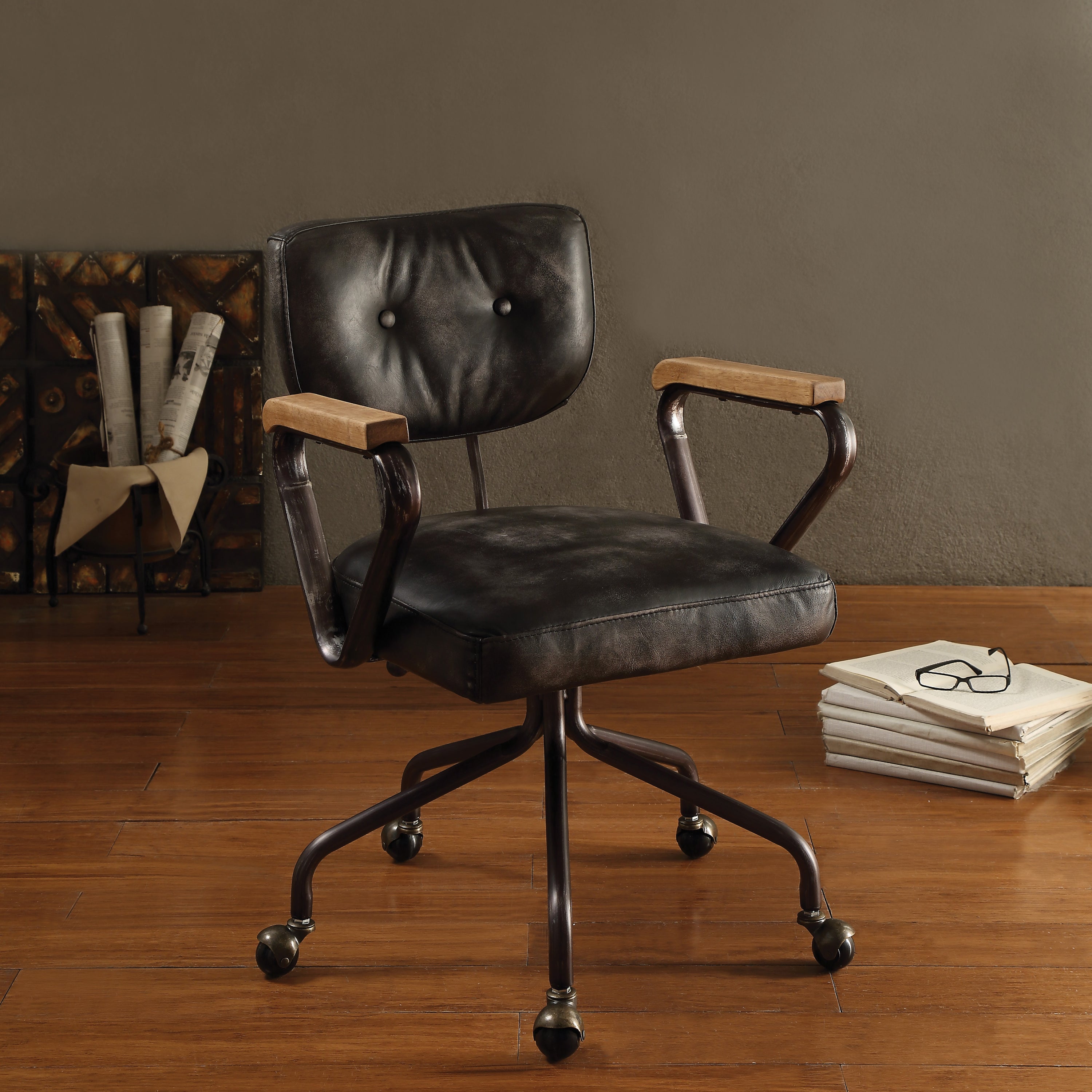 Vintage Black Swivel Office Chair | Nailhead Trim