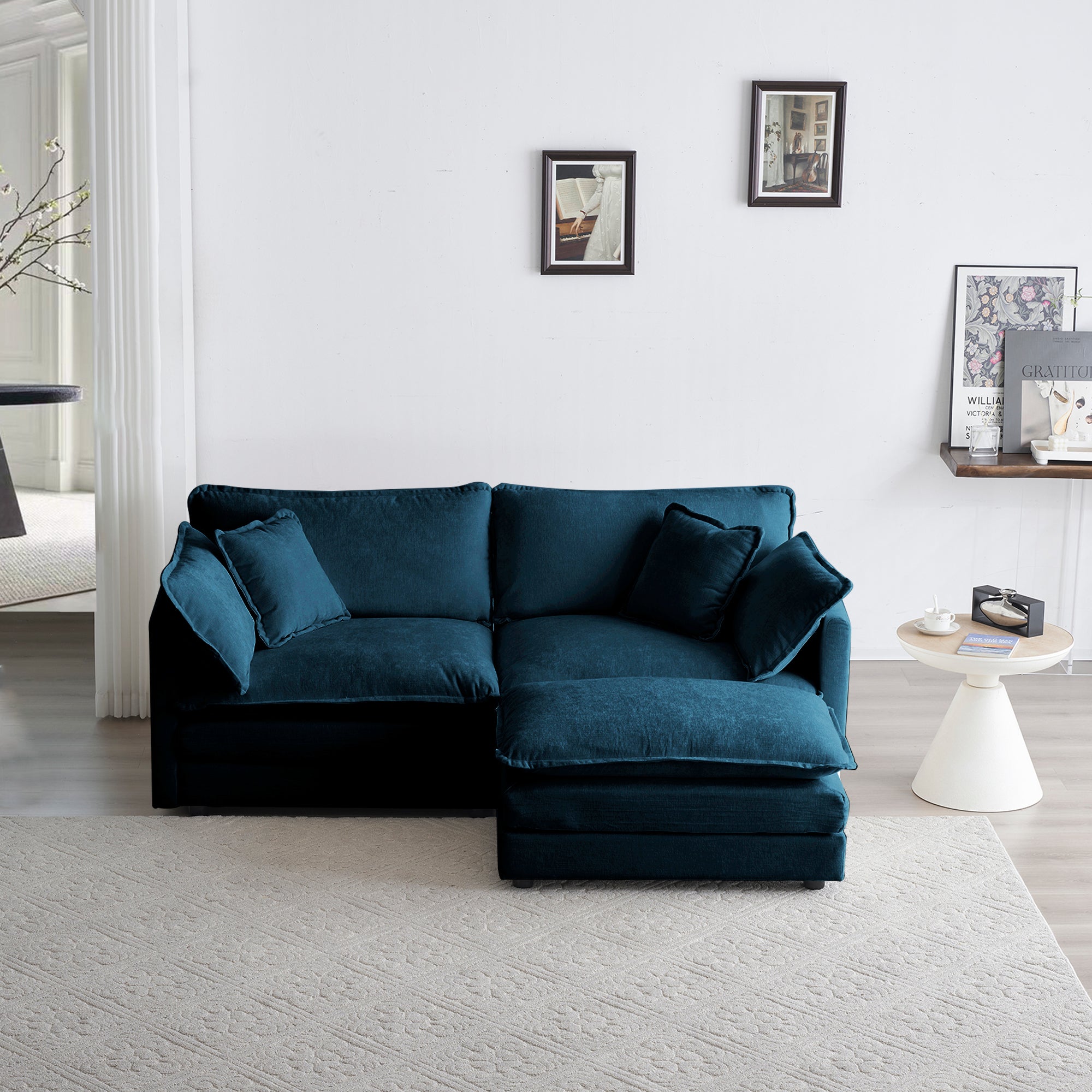 Blue Chenille Loveseat with Ottoman | 2-Seater Sofa
