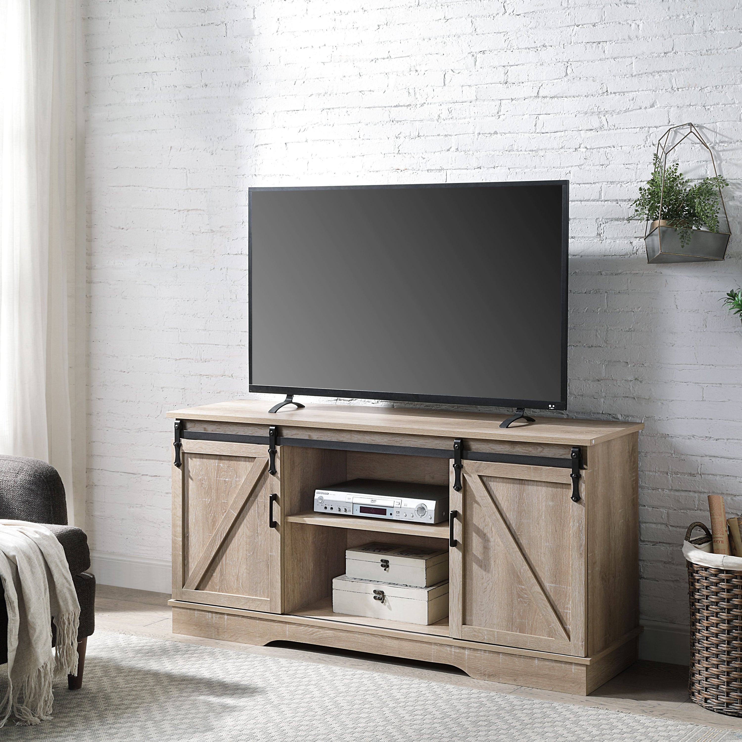 Oak TV Stand w/ Sliding Barn Doors | Modern Entertainment Center
