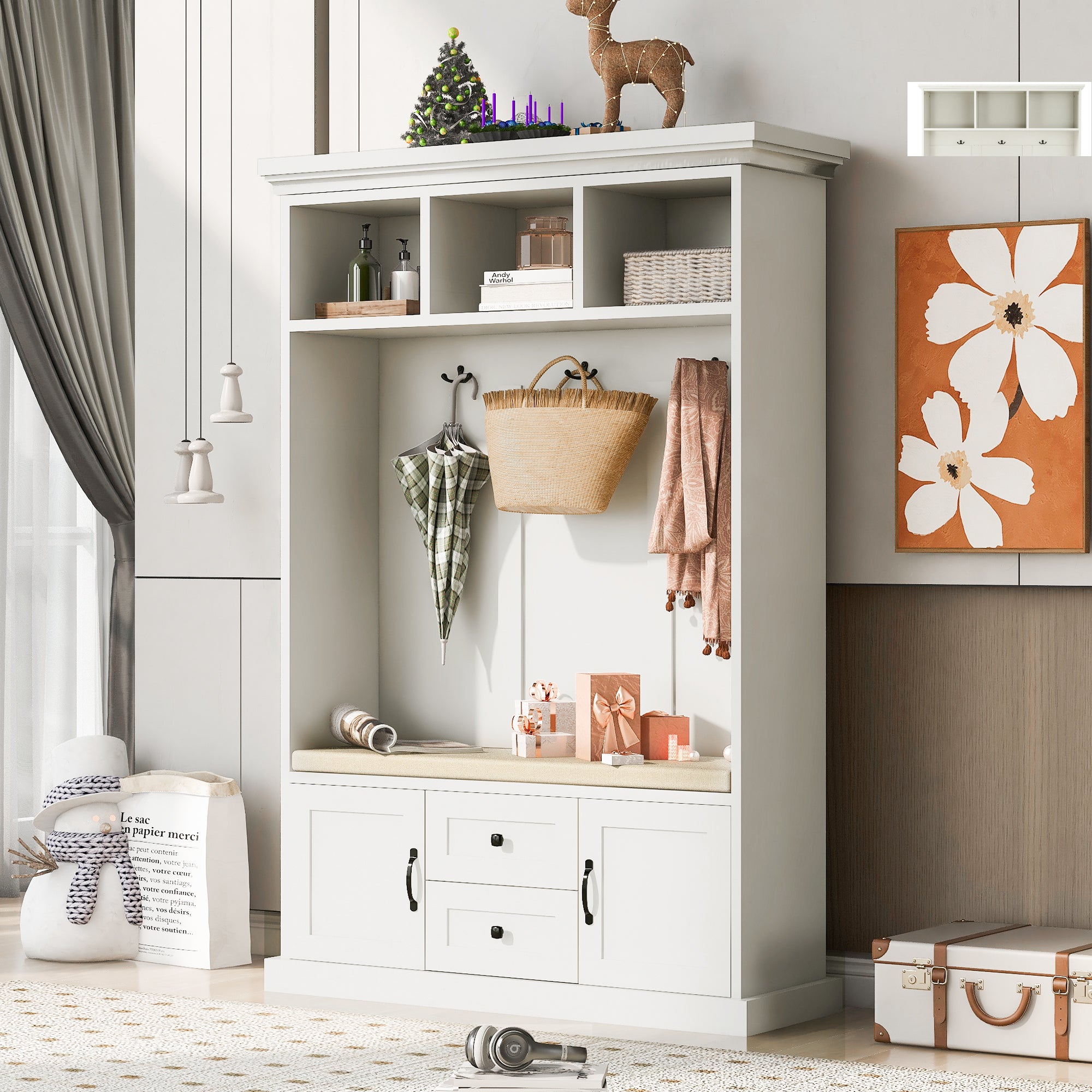 Hall Tree Bench with Hooks, Storage & Coat Rack (White)