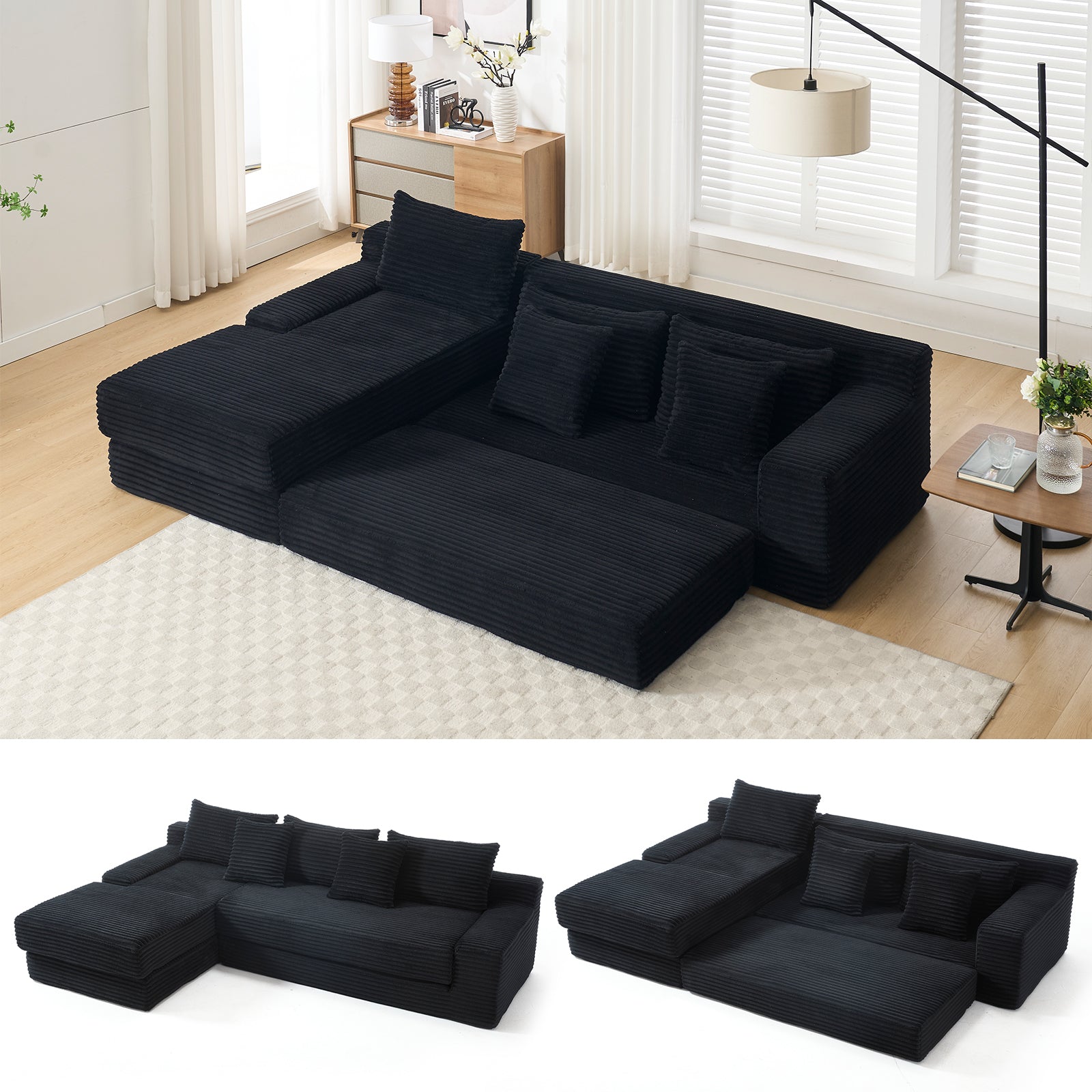 L-Shaped Sectional Sofa Bed: Memory Foam & Steel