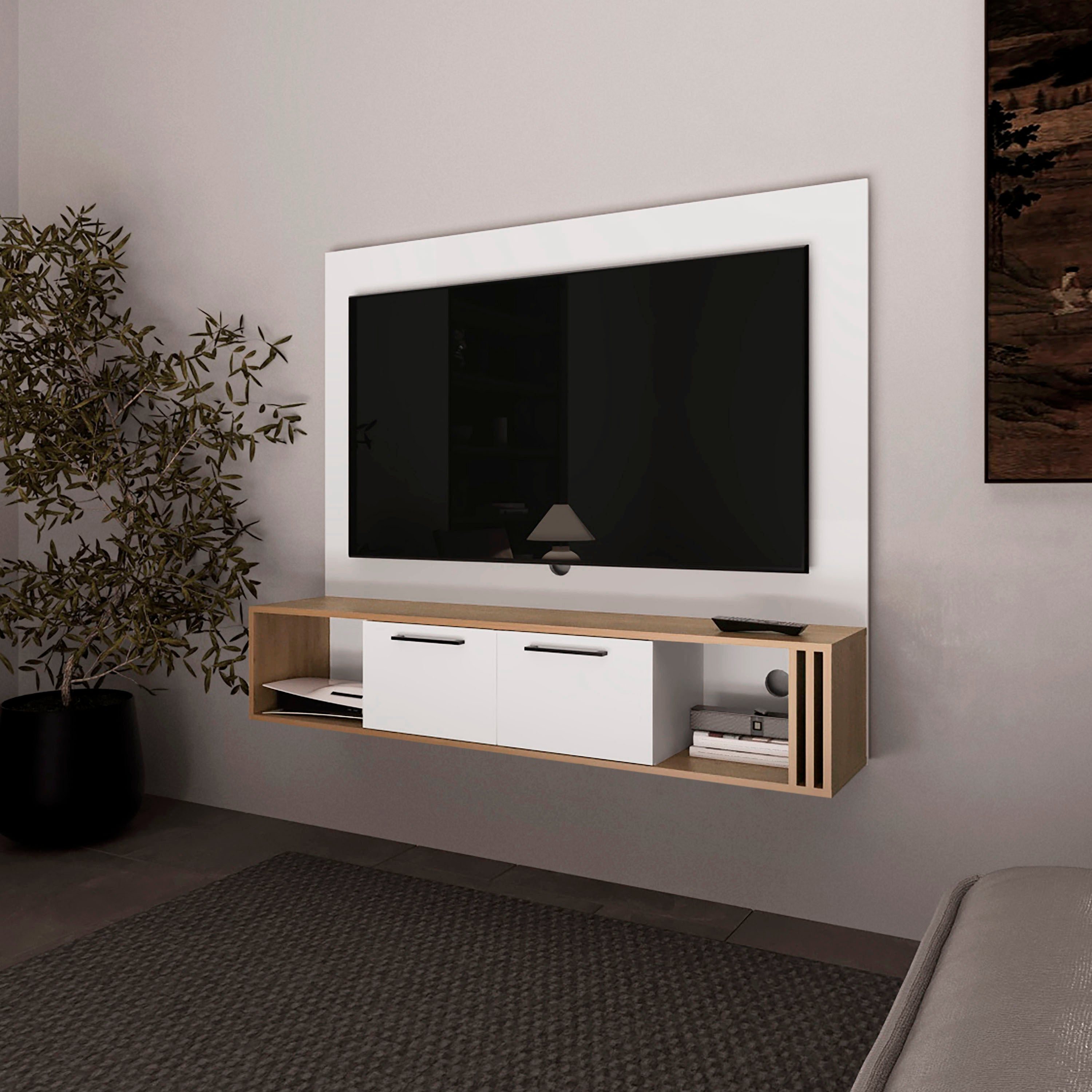 Lesslie Entertainment Center, White & Natural Oak