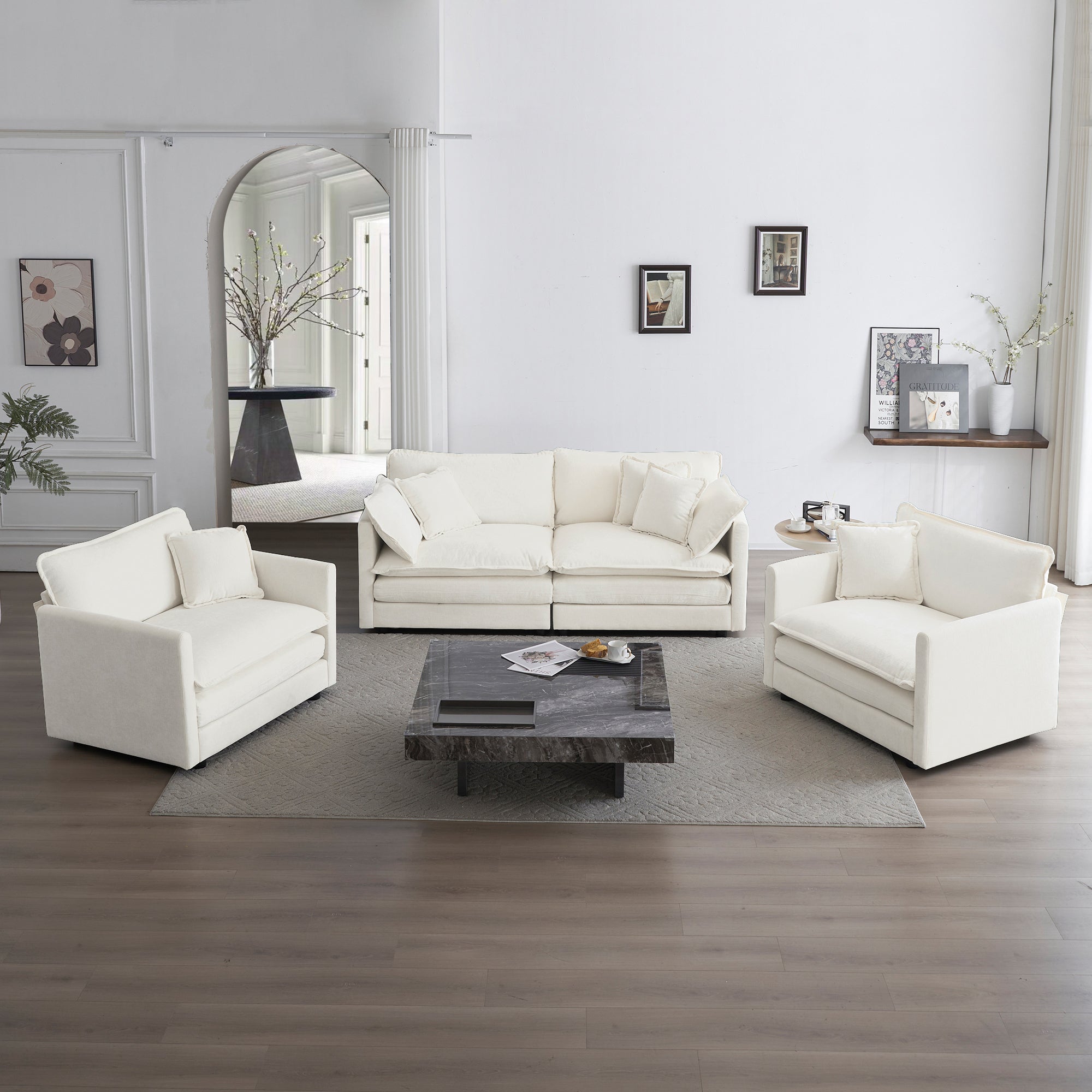 White Chenille 3-Piece Sofa Set w/ Pillows