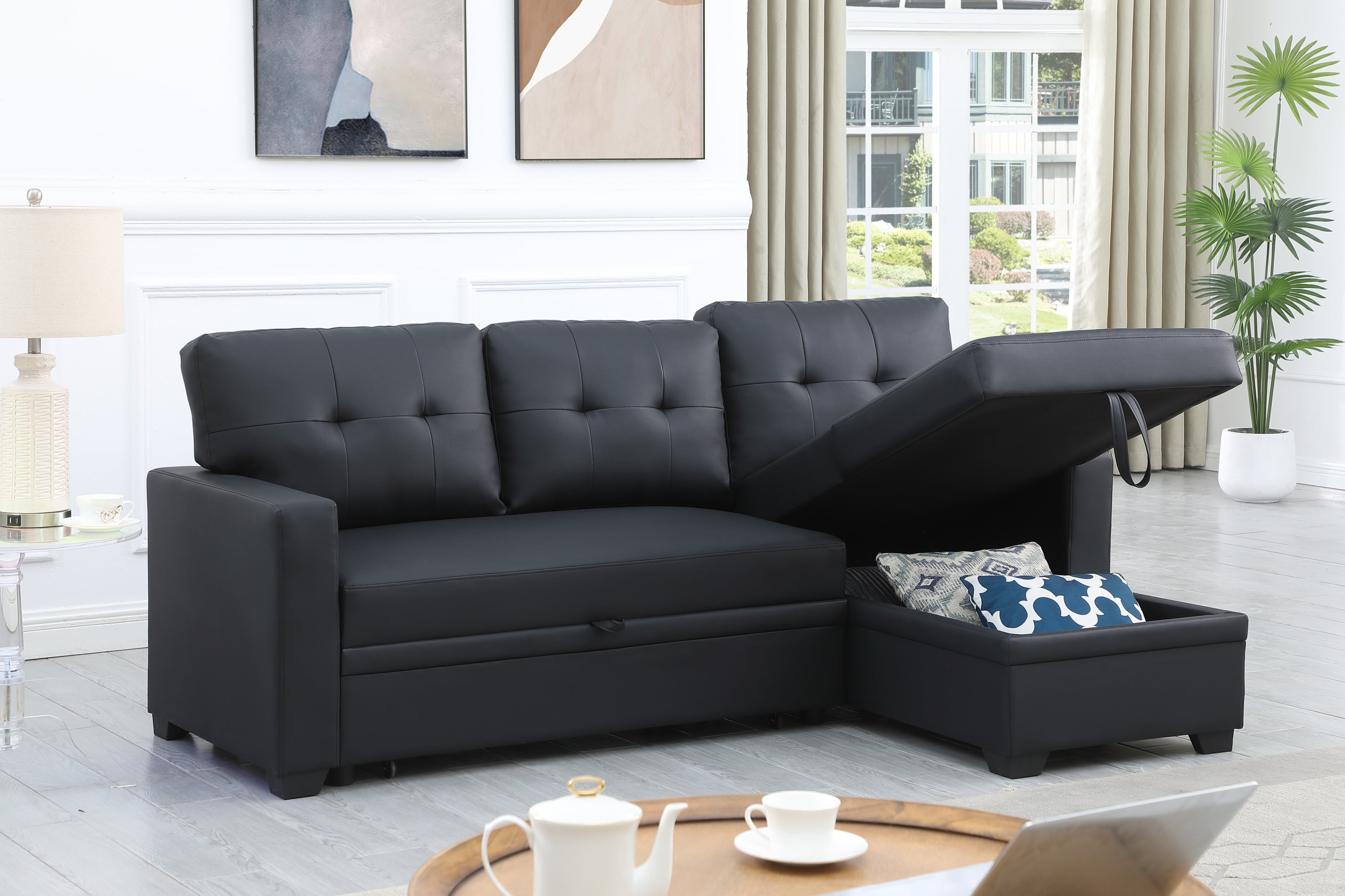 Upholstered Pull-Out Sectional Sofa w/ Chaise