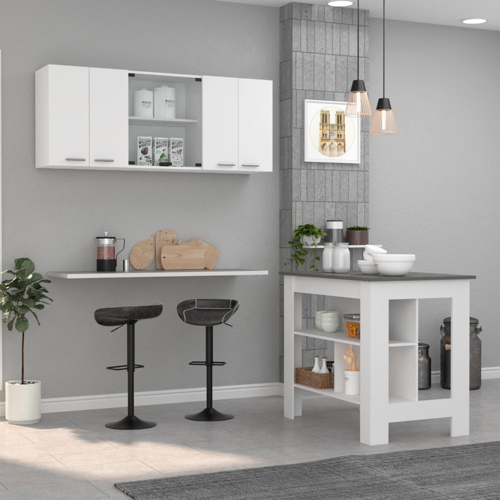 White & Onyx Kitchen Island & Wall Cabinet Set