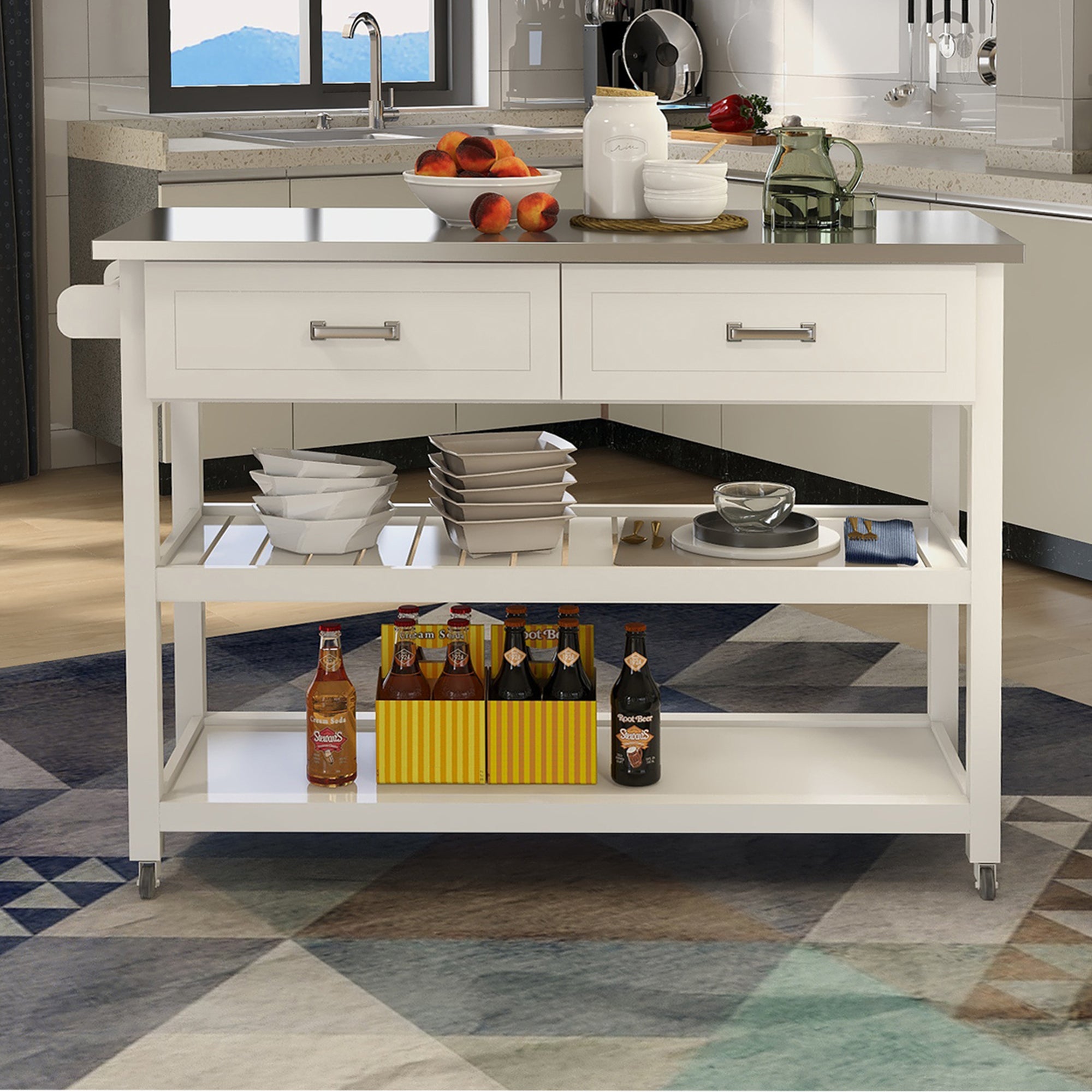 Stainless Steel White Kitchen Cart: 2 Drawers, Mobile Prep Table