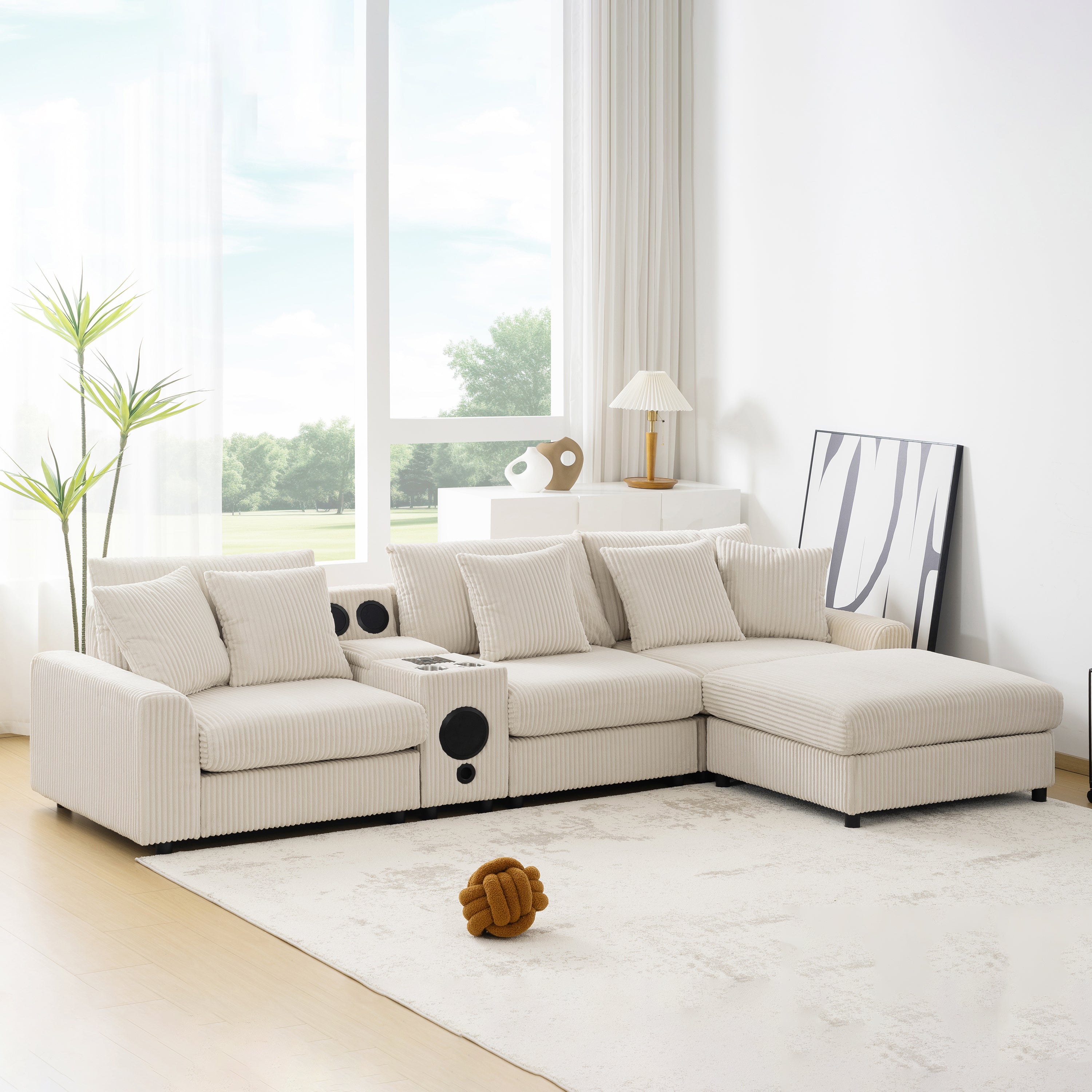 114" Corduroy Sectional Sofa w/ Bluetooth & Ottoman