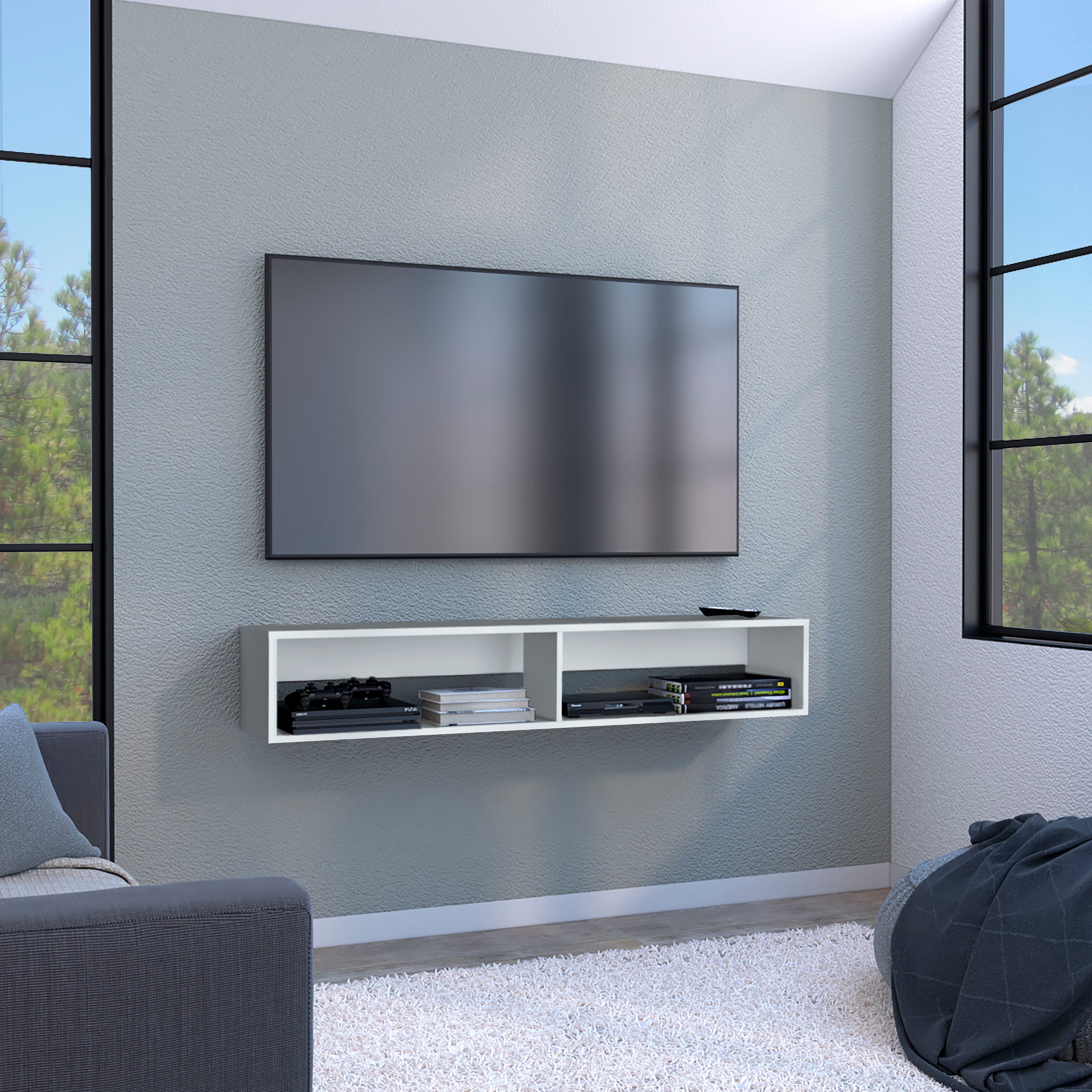 Warrior 59" Floating TV Stand w/ Shelves - White