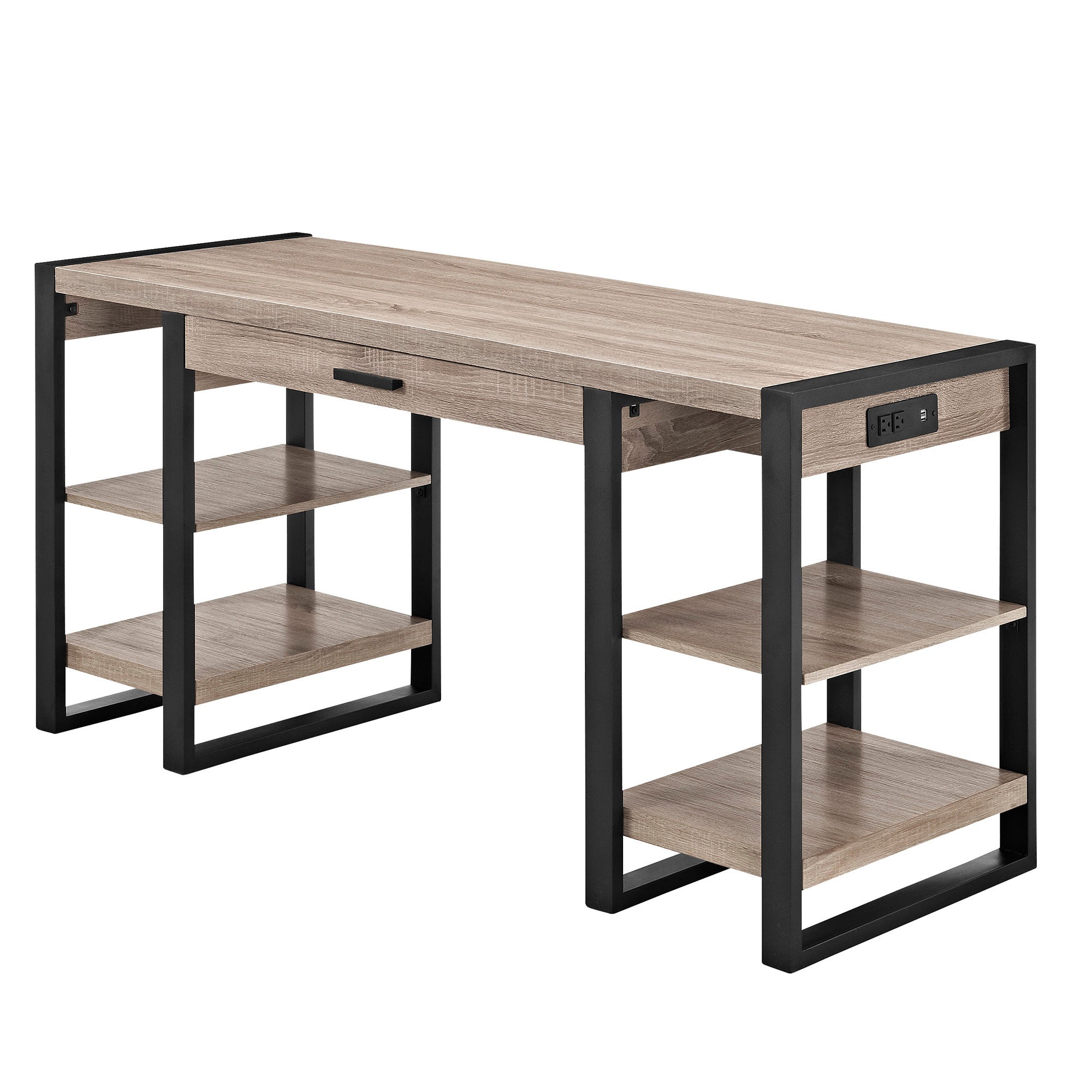 Modern Metal Wood Desk w/ USB Ports - Driftwood