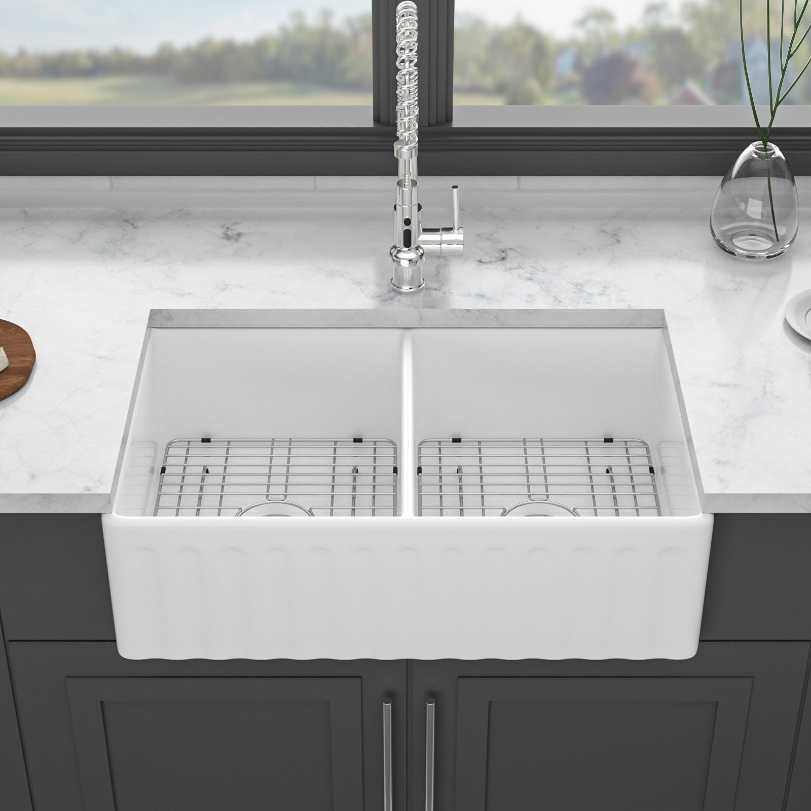 33" White Farmhouse Kitchen Sink: Double Bowl Ceramic