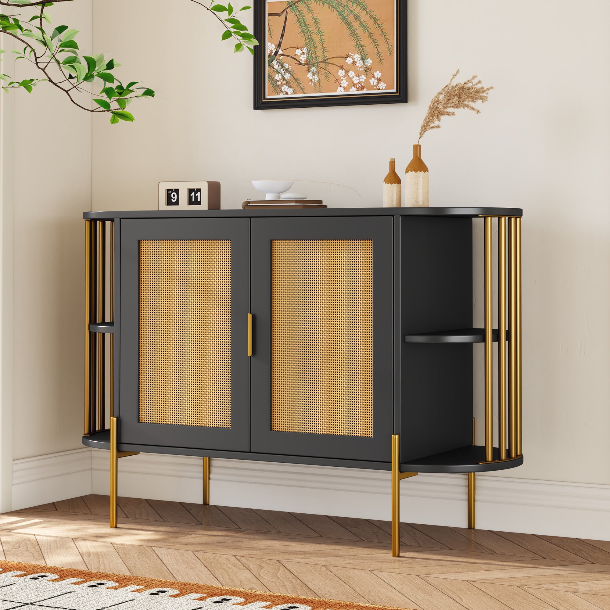 Elegant Curved Dining Cabinet: Gold Trim