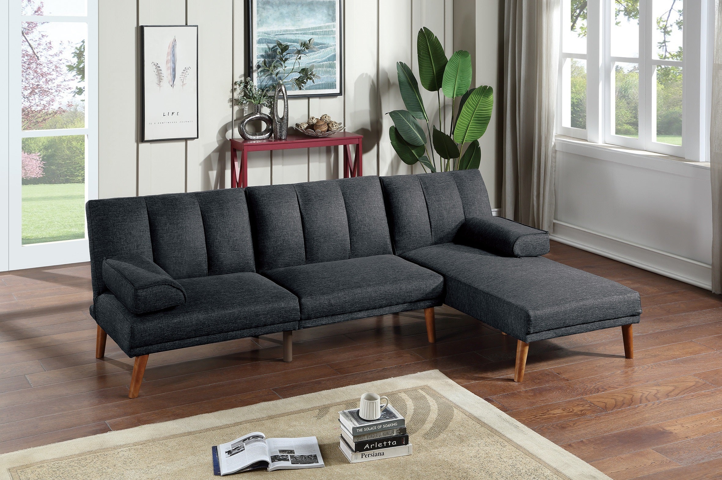 Black Polyfiber Sectional Sofa: Plush & Adjustable