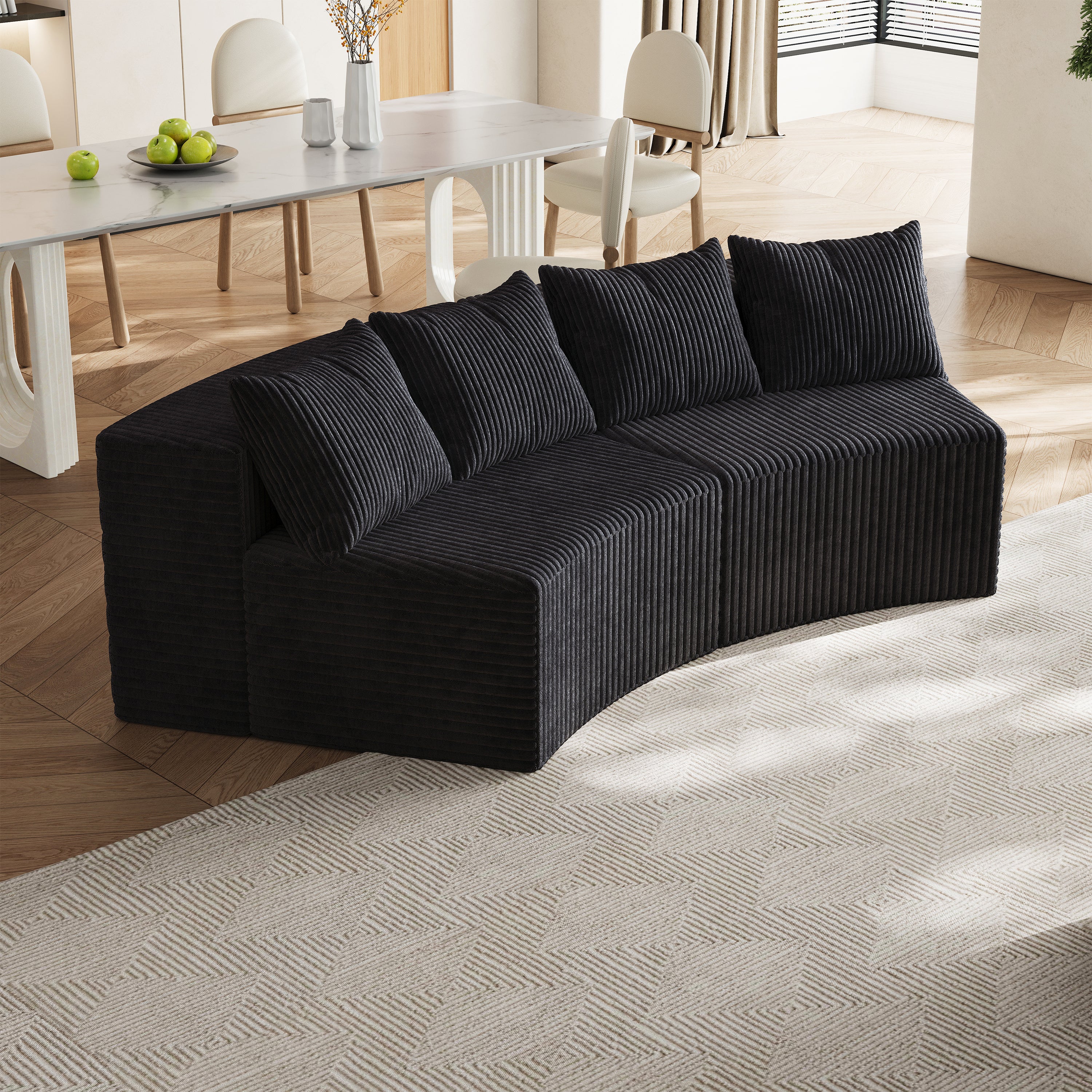 Curved Sectional Sofa: 4 Pillows, 2 Modules