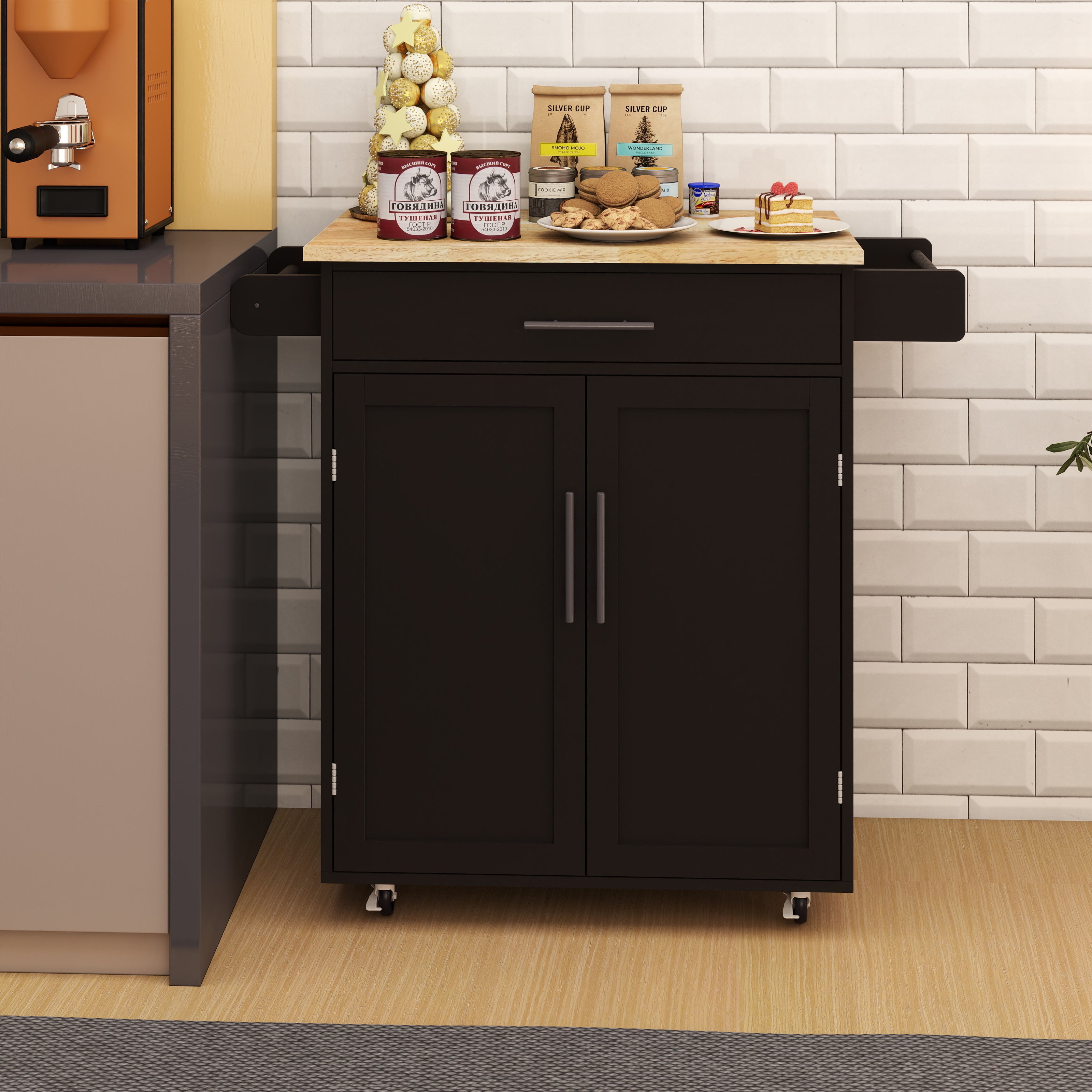 Rolling Kitchen Island Cart, Drawer & Doors, Adjustable Shelves, Black