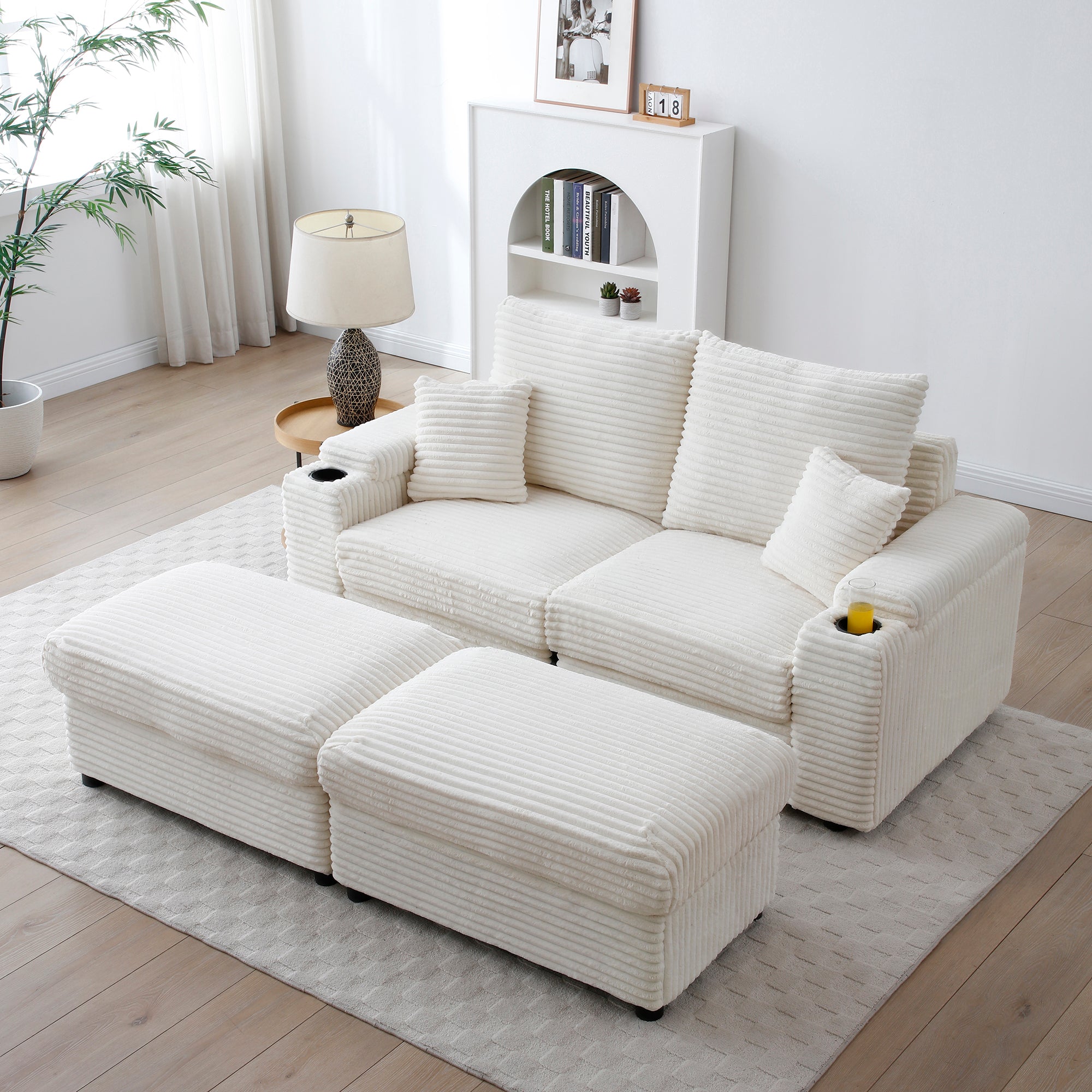 Plush Corduroy Loveseat with Ottomans & Pillows
