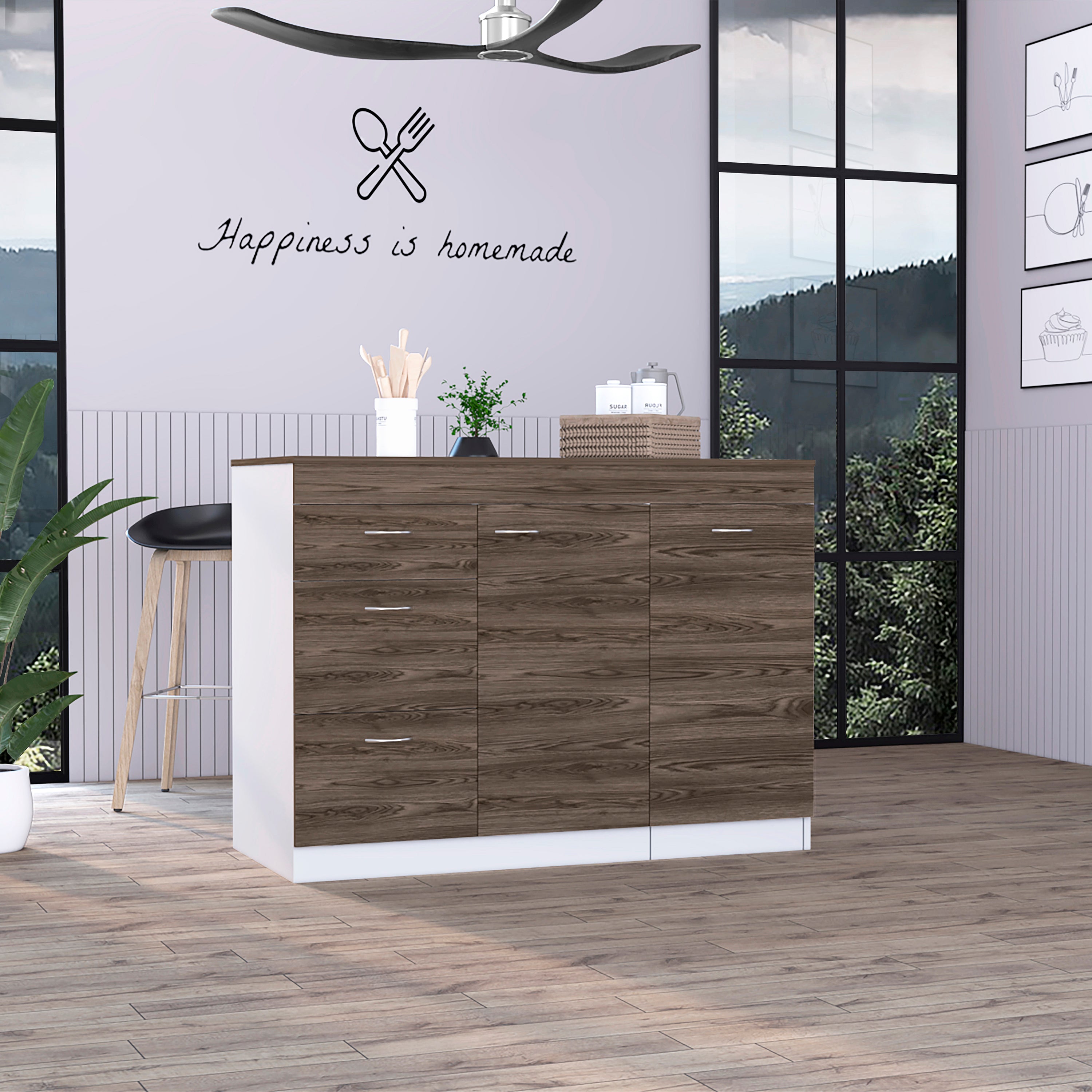 White & Walnut L-Shaped Kitchen Island with 3 Drawers