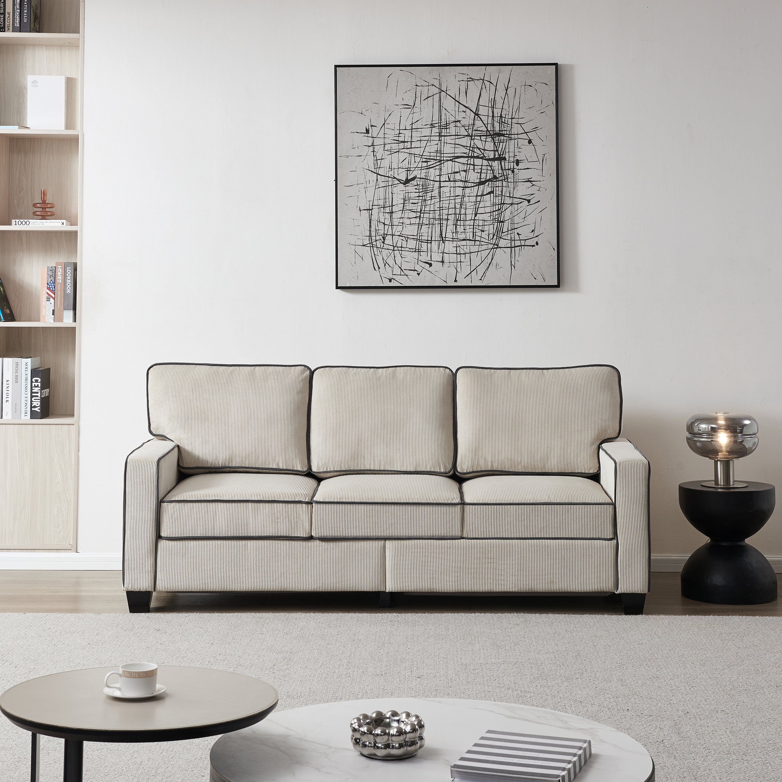 Beige Corduroy Sofa with Storage: Living Room