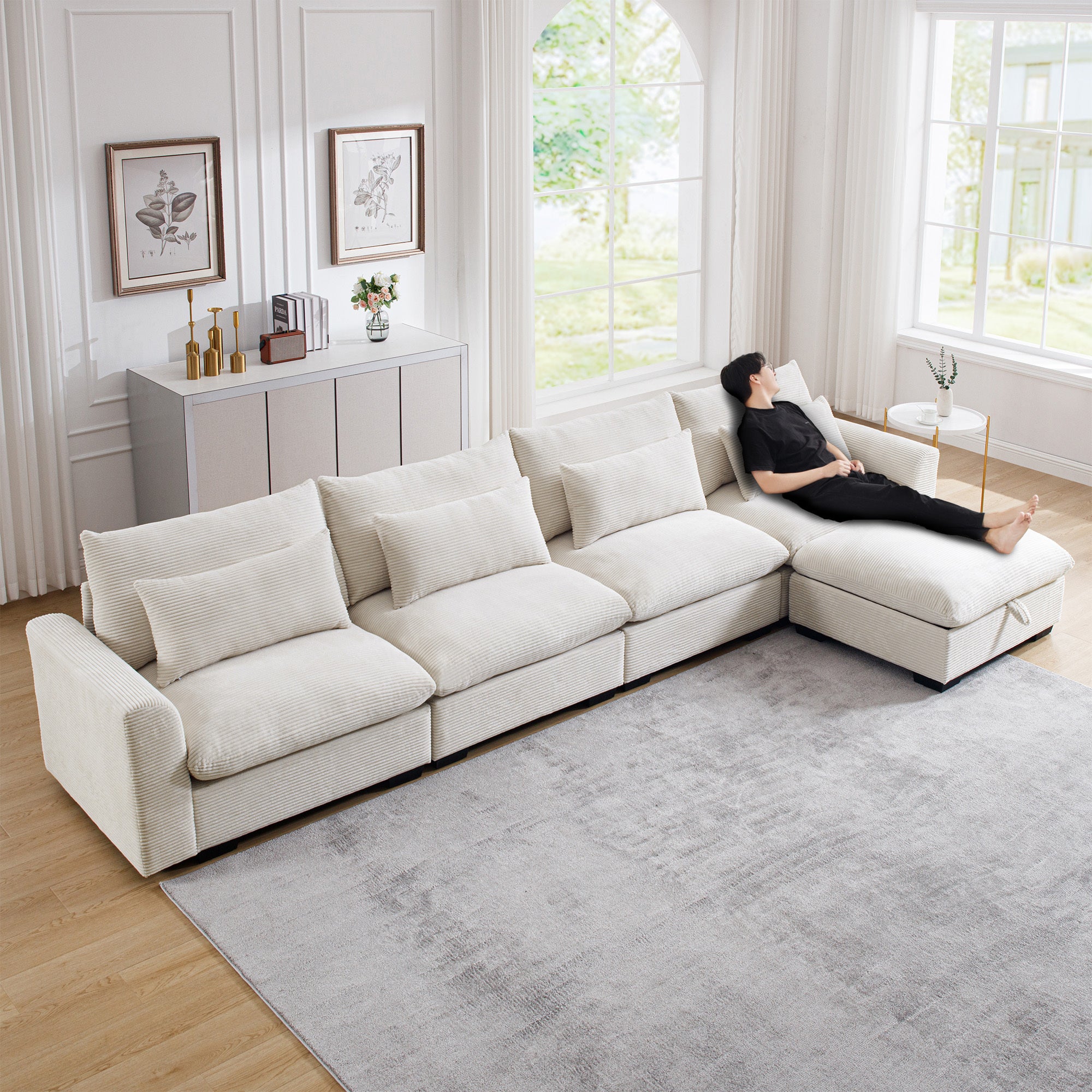 Beige Corduroy L-Shape Sectional Sofa w/Storage