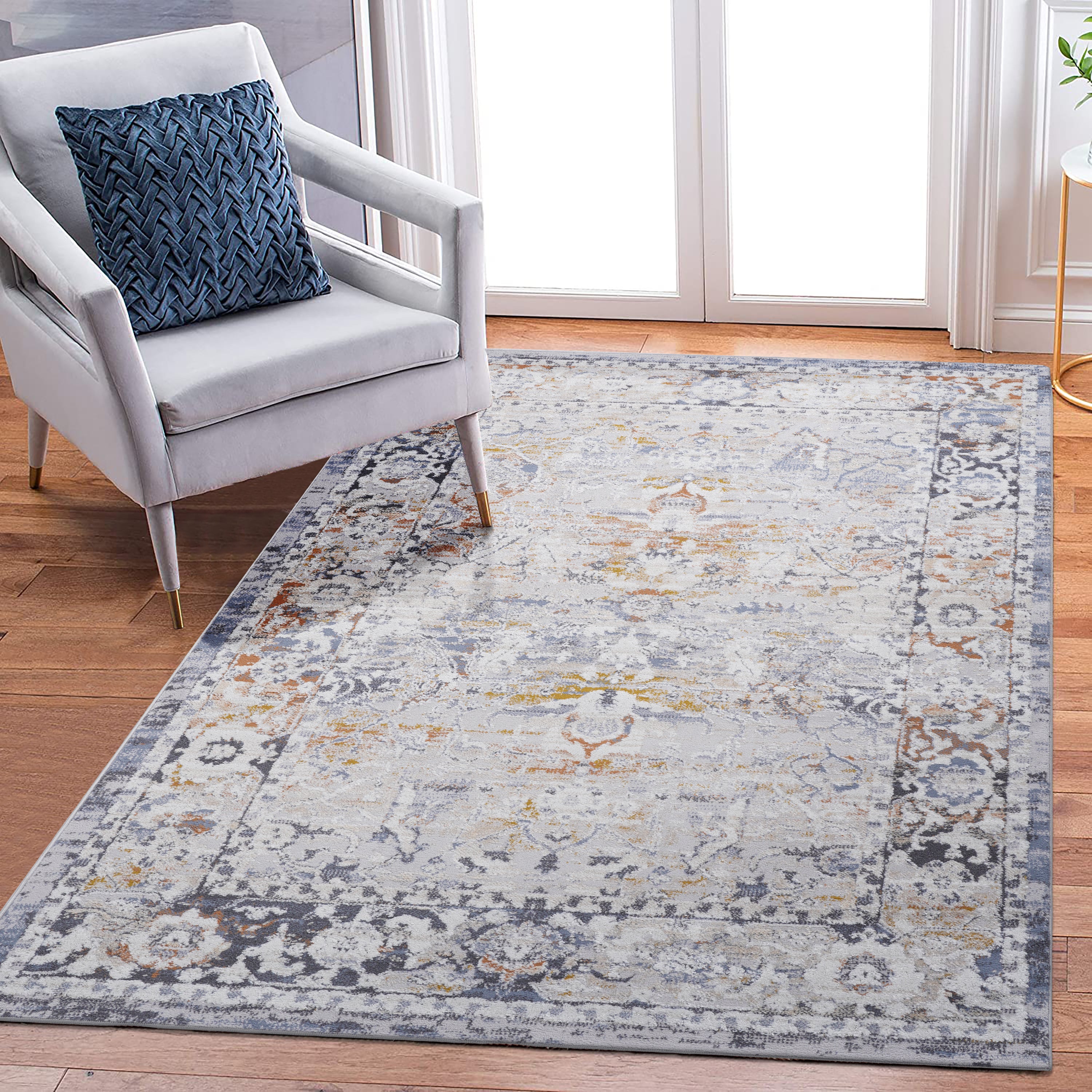 Ivory/Grey Area Rug: 6x9 Non-Shedding