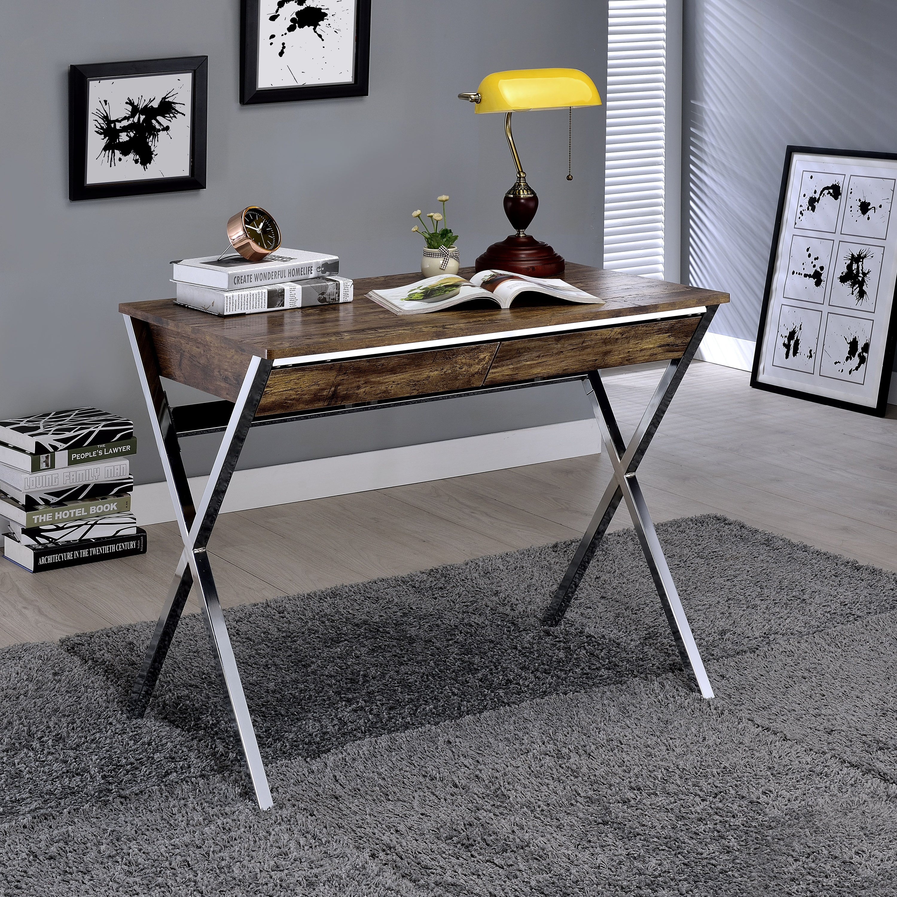 Weathered Oak & Chrome 2-Drawer Writing Desk