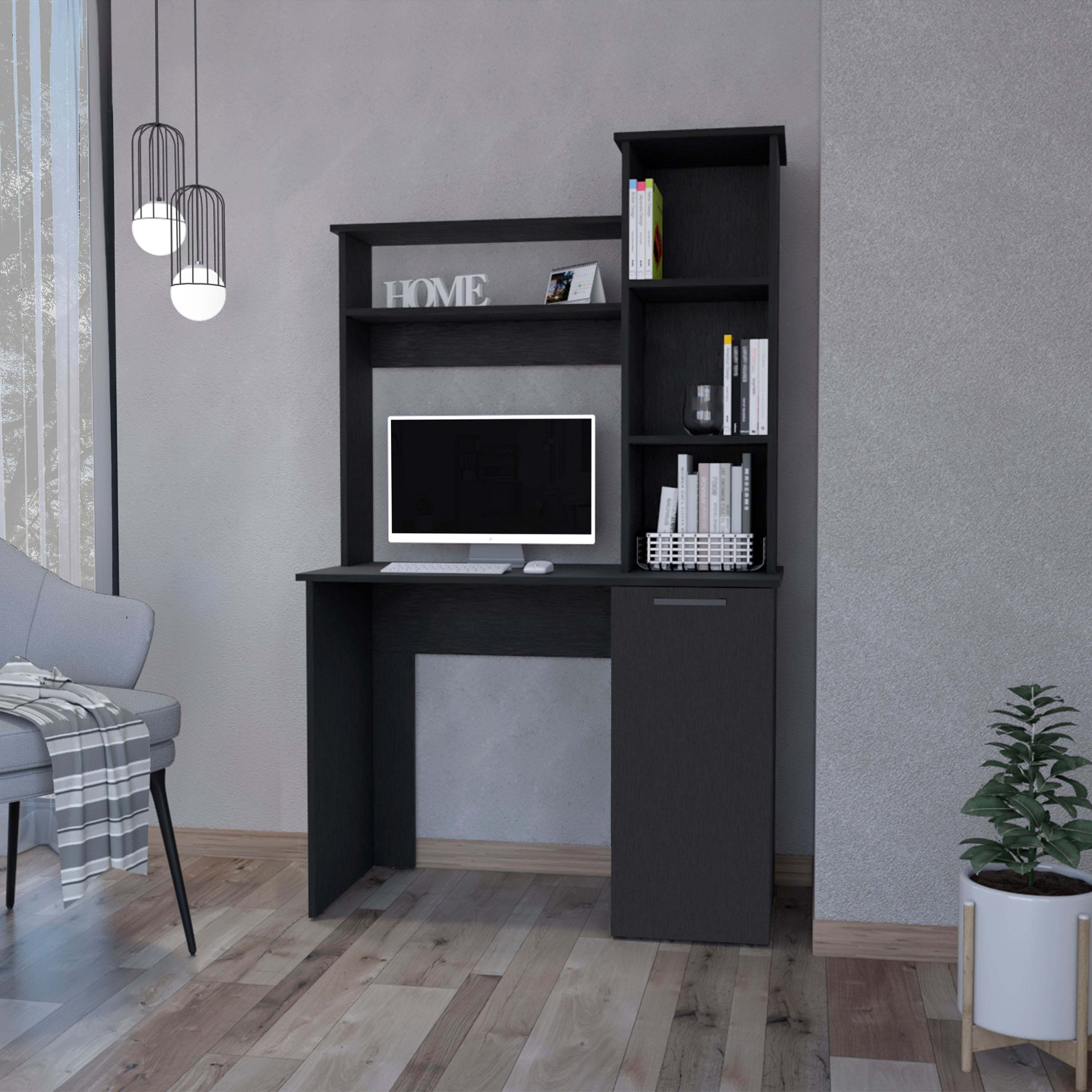 Black 3-Tier Computer Desk with Storage Shelves