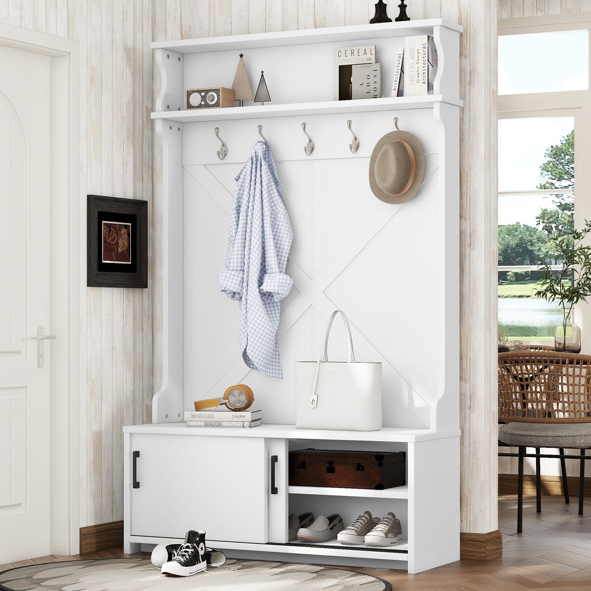 White Hall Tree with Storage Bench & Sliding Doors