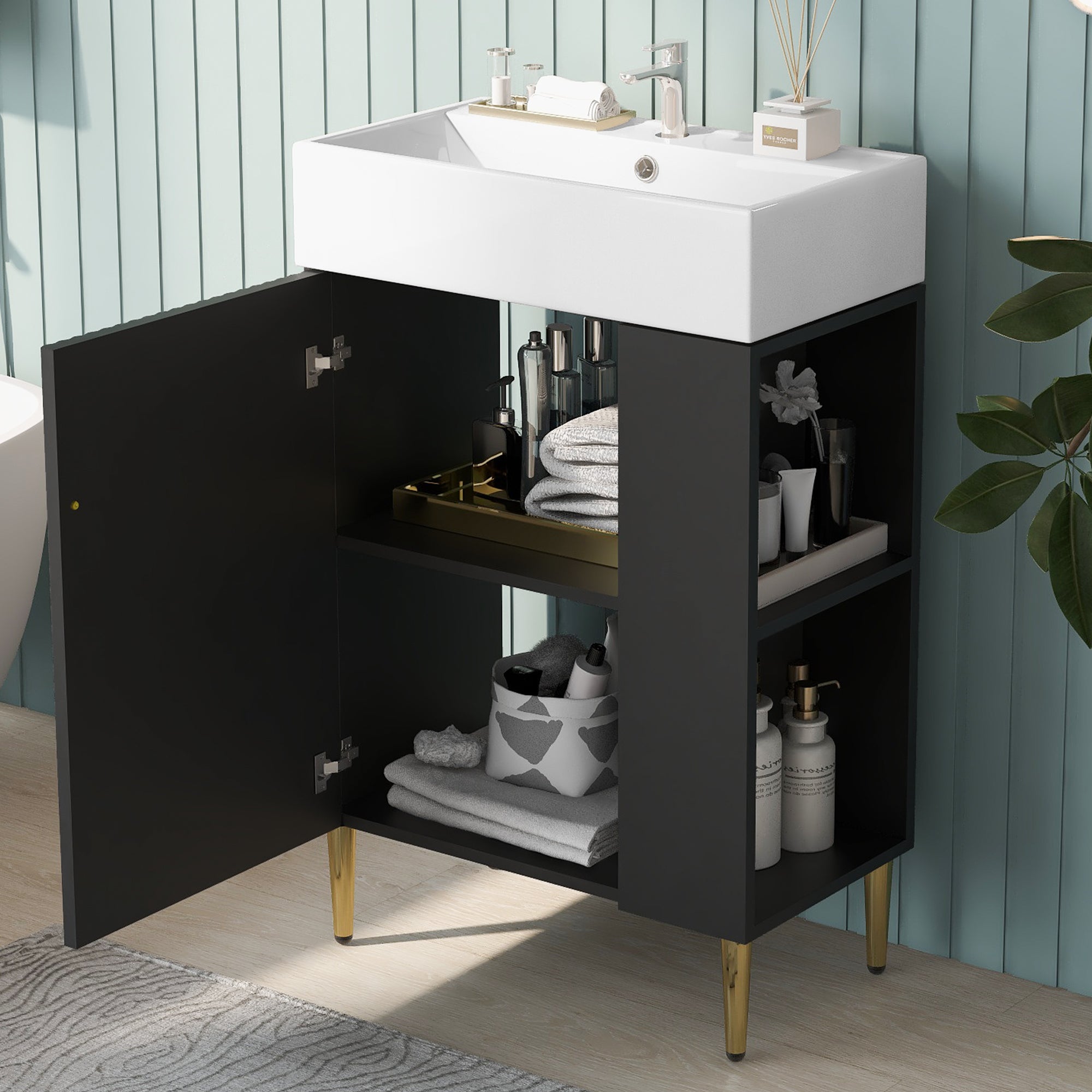 21.6" Black Bathroom Vanity w/ Sink & Storage