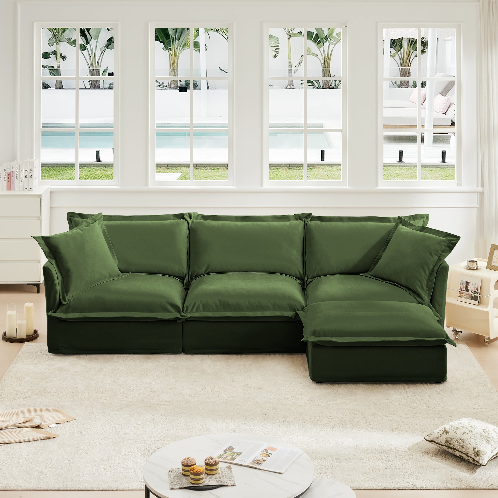 Green Chenille L-Shaped Sectional Sofa