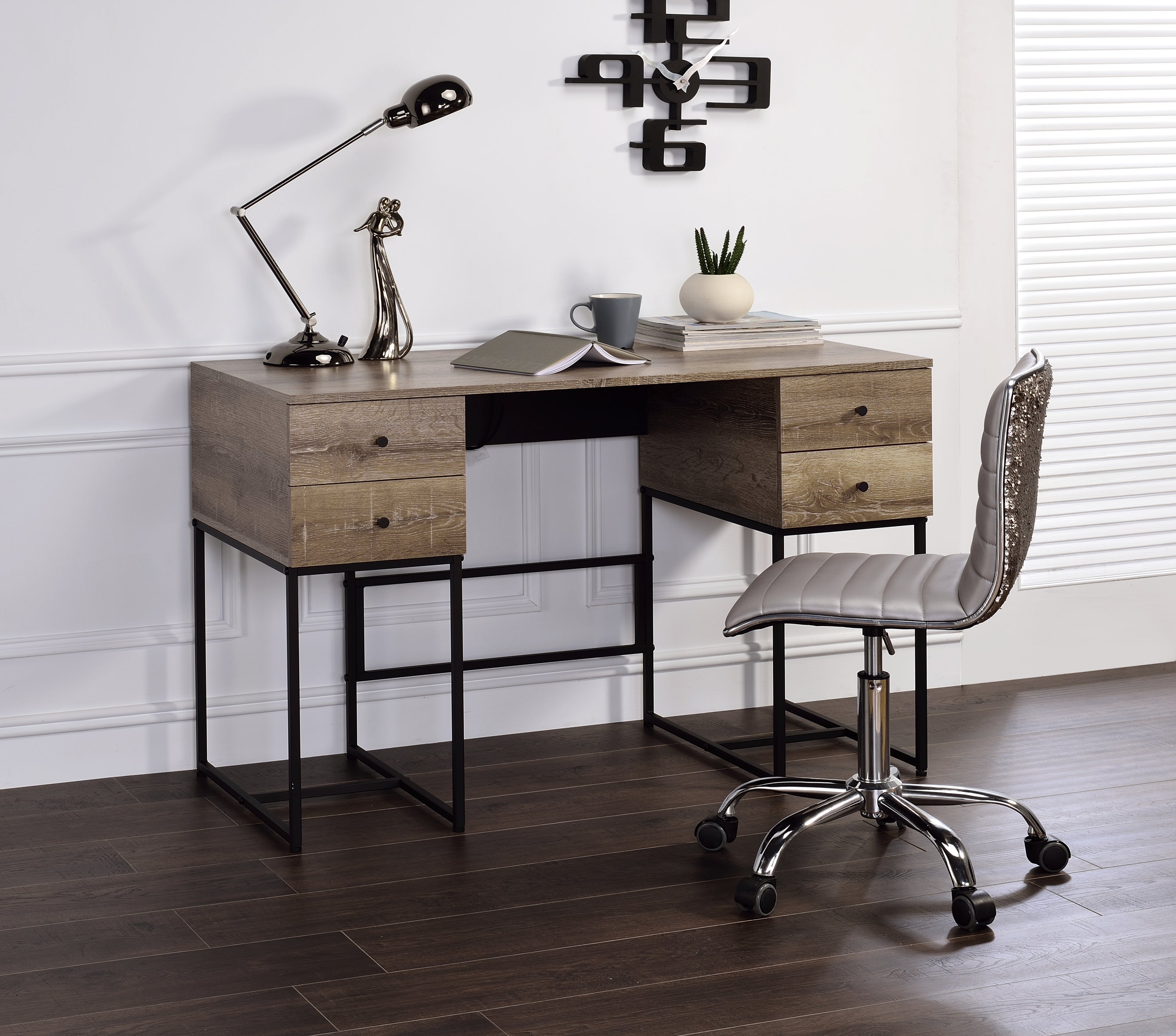 Desirre Rustic Oak & Black Writing Desk w/ USB Port
