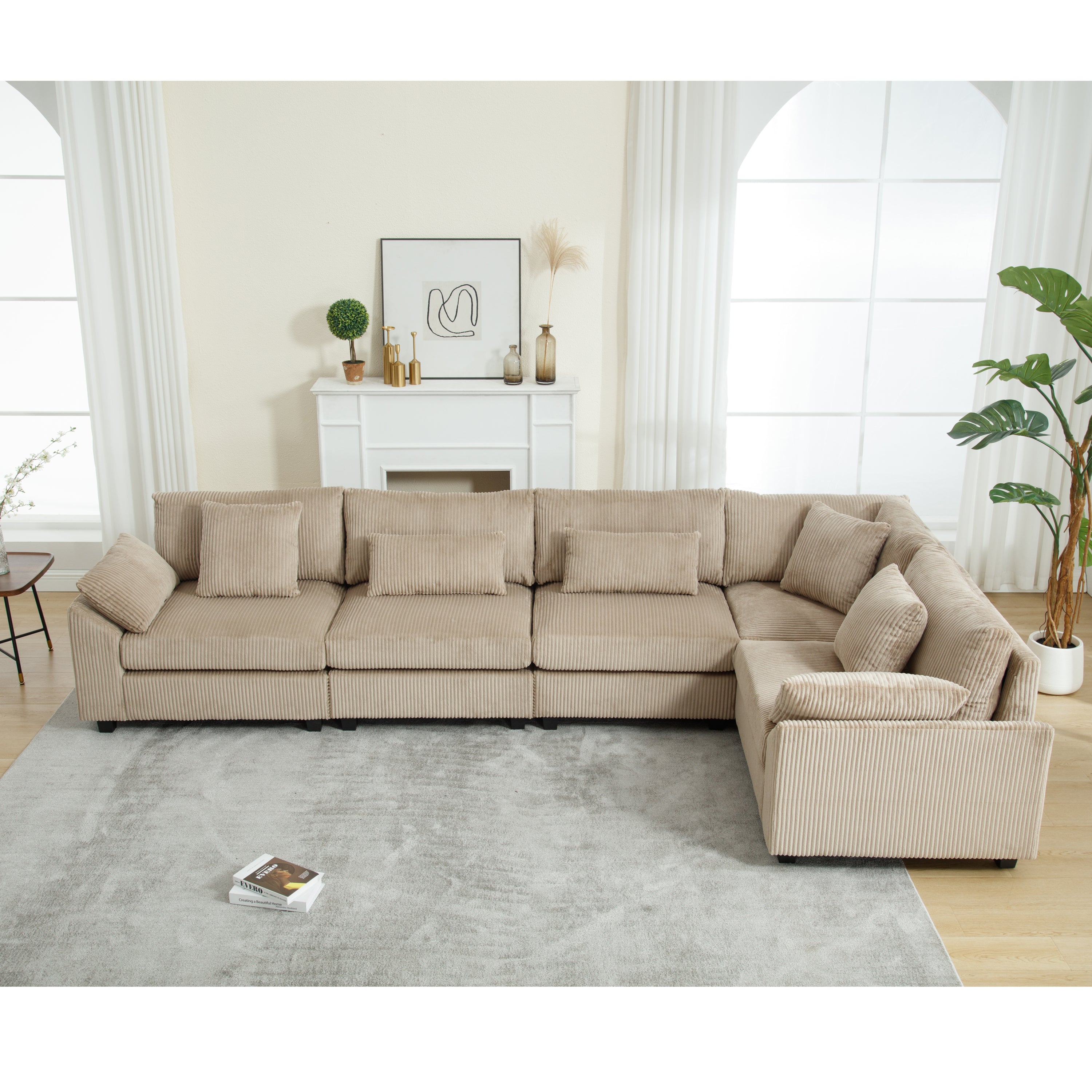 Oversized Modular Sectional Sofa, Brown Corduroy, 5-Seater
