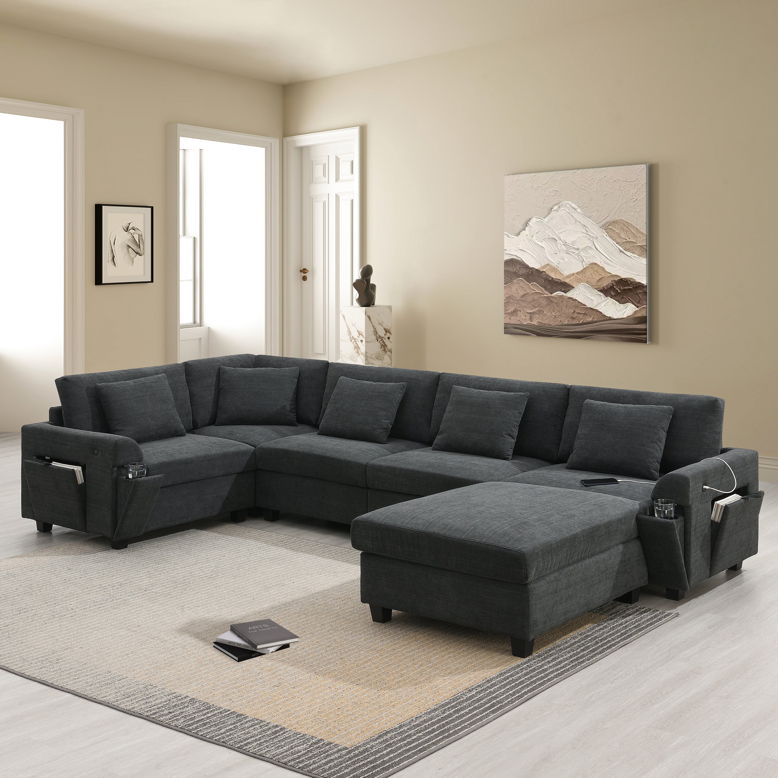 U-Shaped Sectional Sofa, Chenille Couch with Ottoman & Storage
