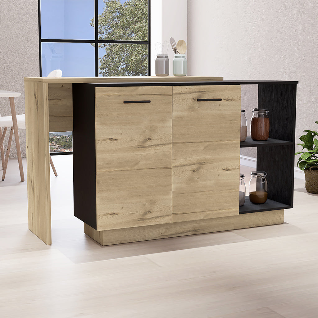 Black/Oak Kitchen Island: Double Door, 5 Shelves