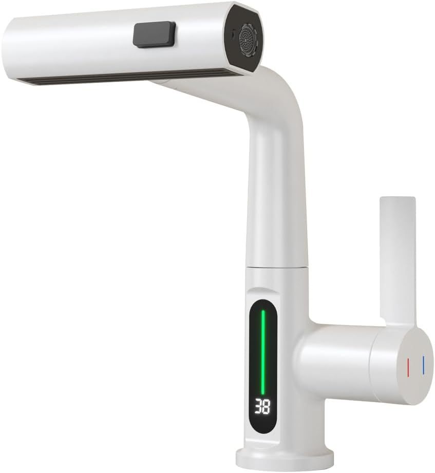 White Waterfall Bathroom Faucet with LED Display