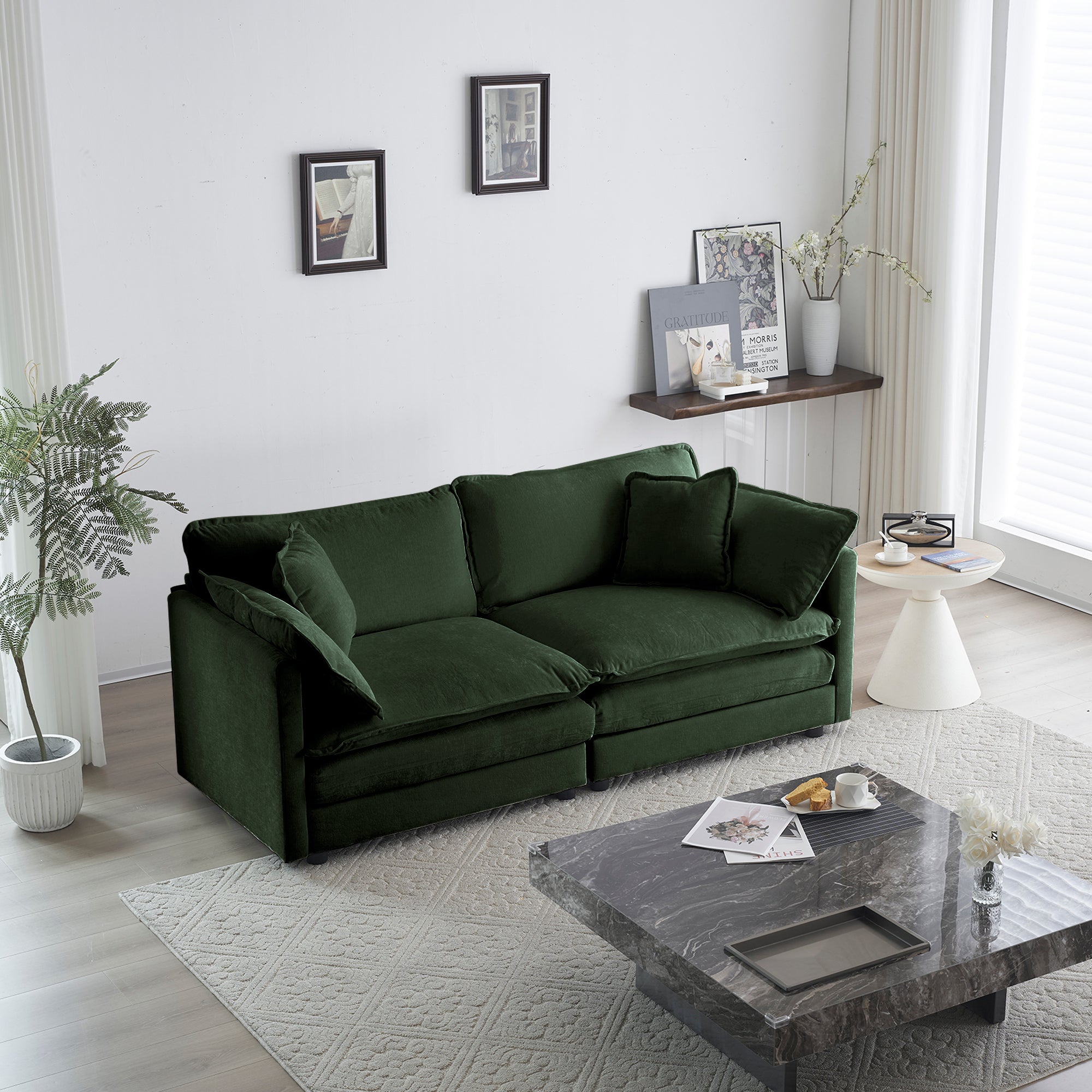 Green Chenille Loveseat: Deep Seat Sofa w/Pillows