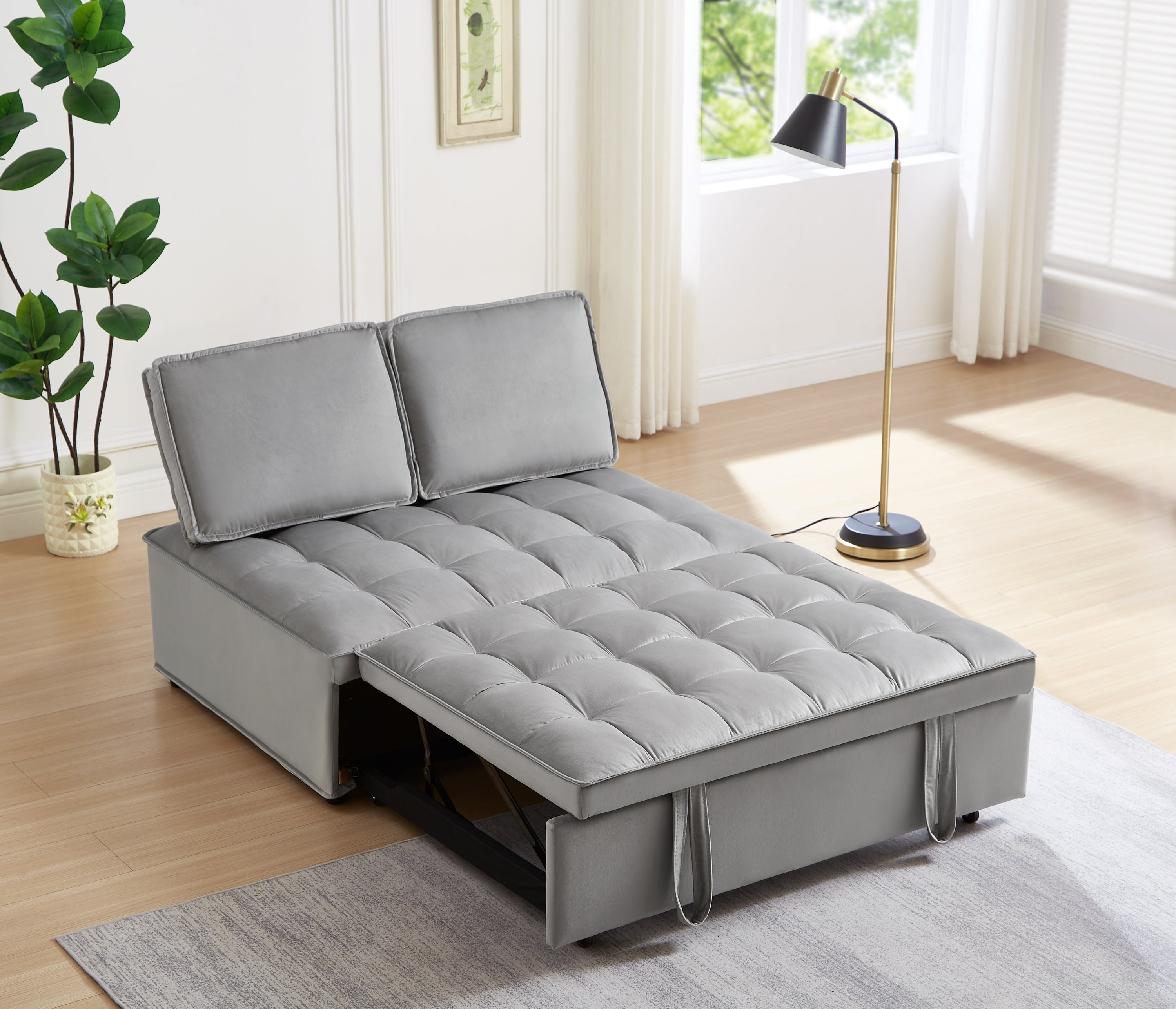 Grey Velvet Convertible Sofa Bed with Detachable Backs