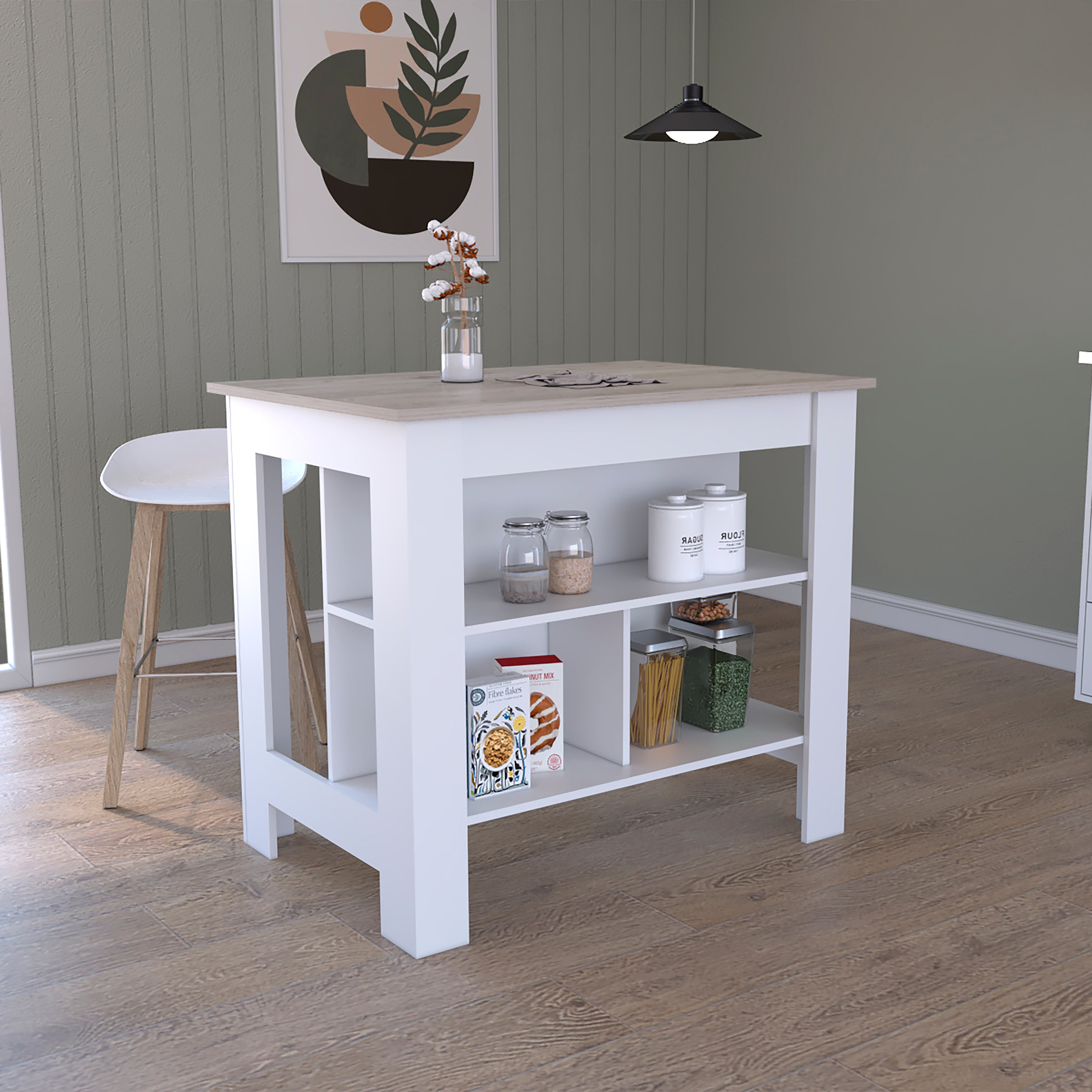 Cala Kitchen Island (Gray/White) w/ 3 Shelves