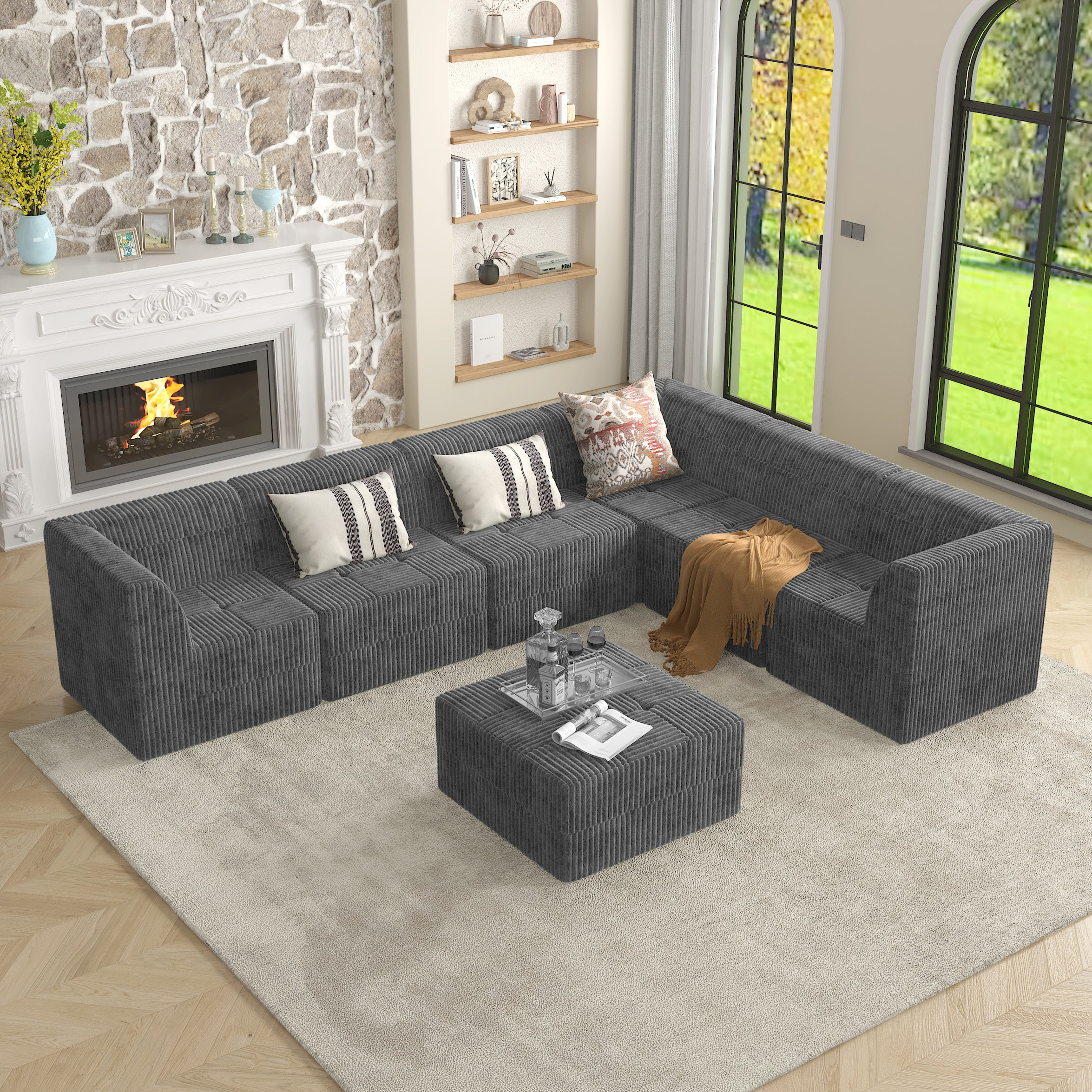 L-Shaped Modular Sectional Sofa: Grey Corduroy