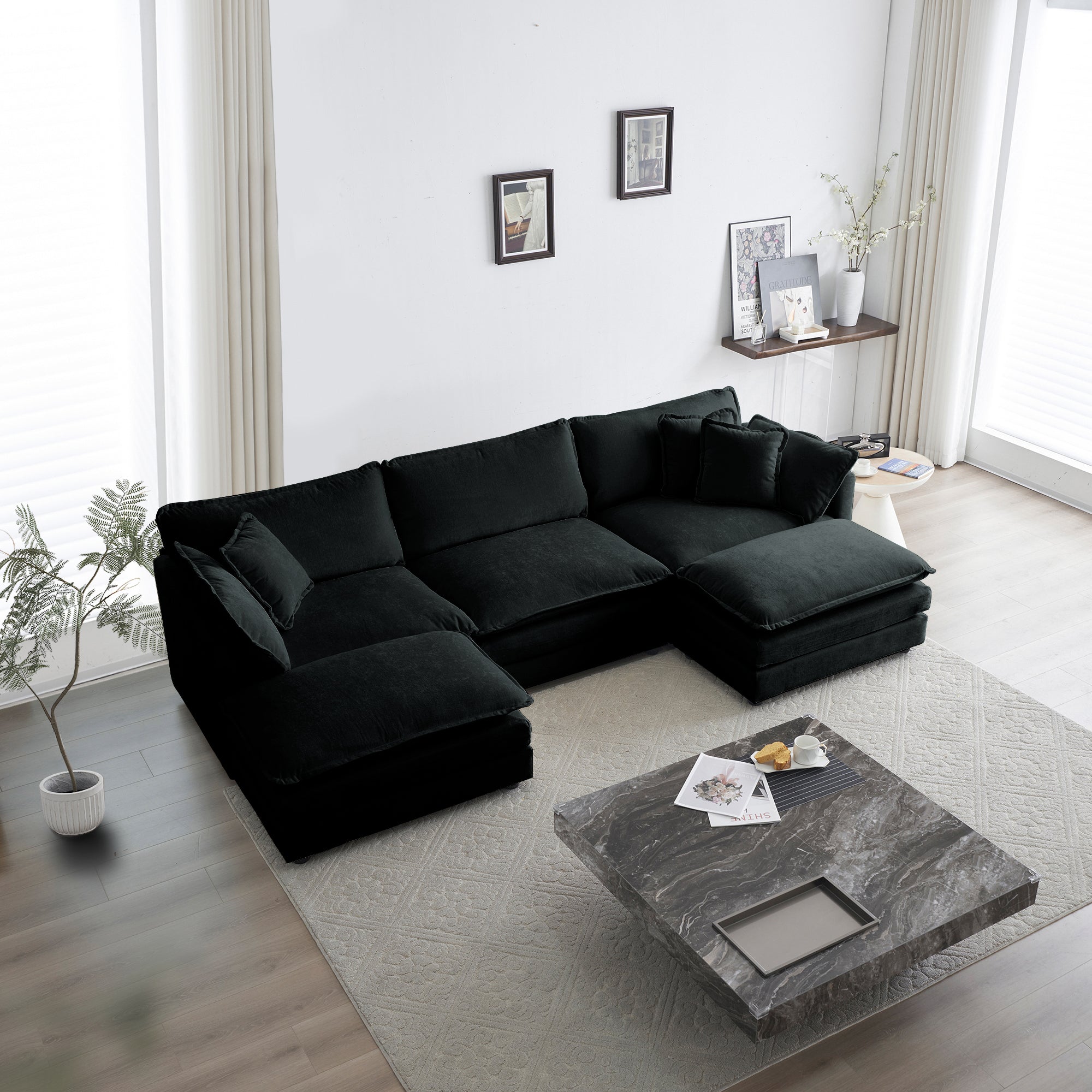 Black Chenille U-Shaped Sectional Sofa