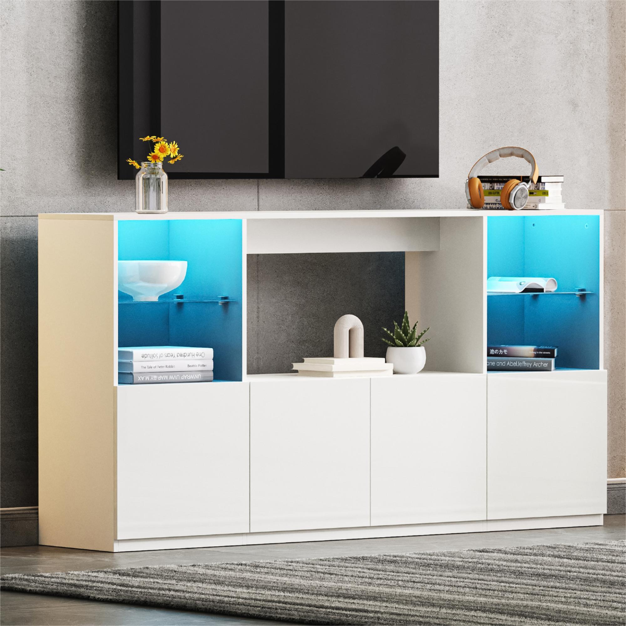 Modern White TV Stand w/ LED Lights, 75" TV Console