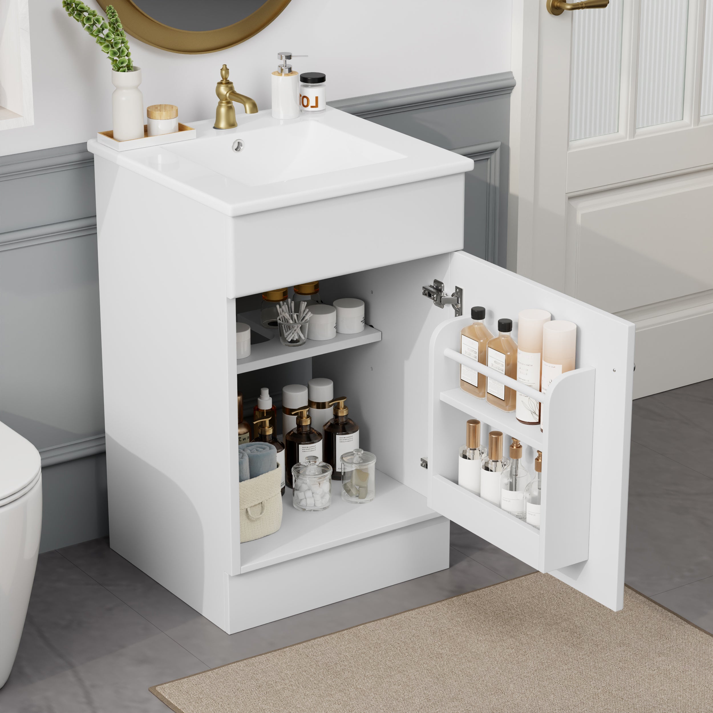 White 20" Bathroom Vanity with Sink & Shelves