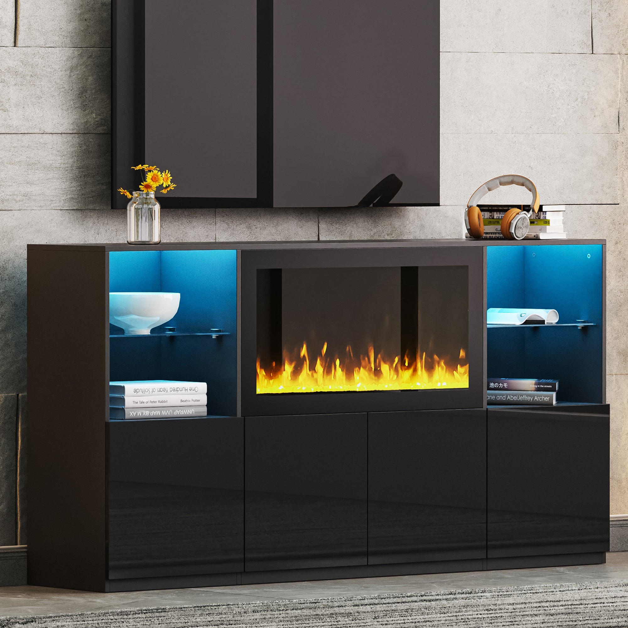 Modern TV Stand w/ Fireplace & LED Lights