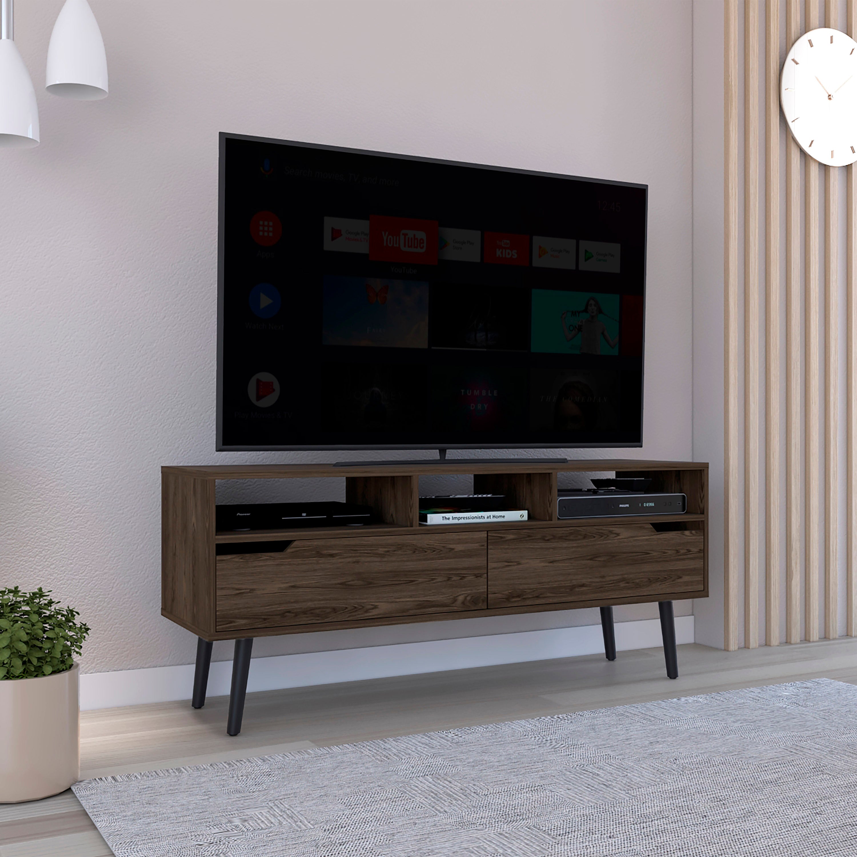 TV Stand for 52" TVs, 3 Shelves, 2 Drawers, Dark Walnut