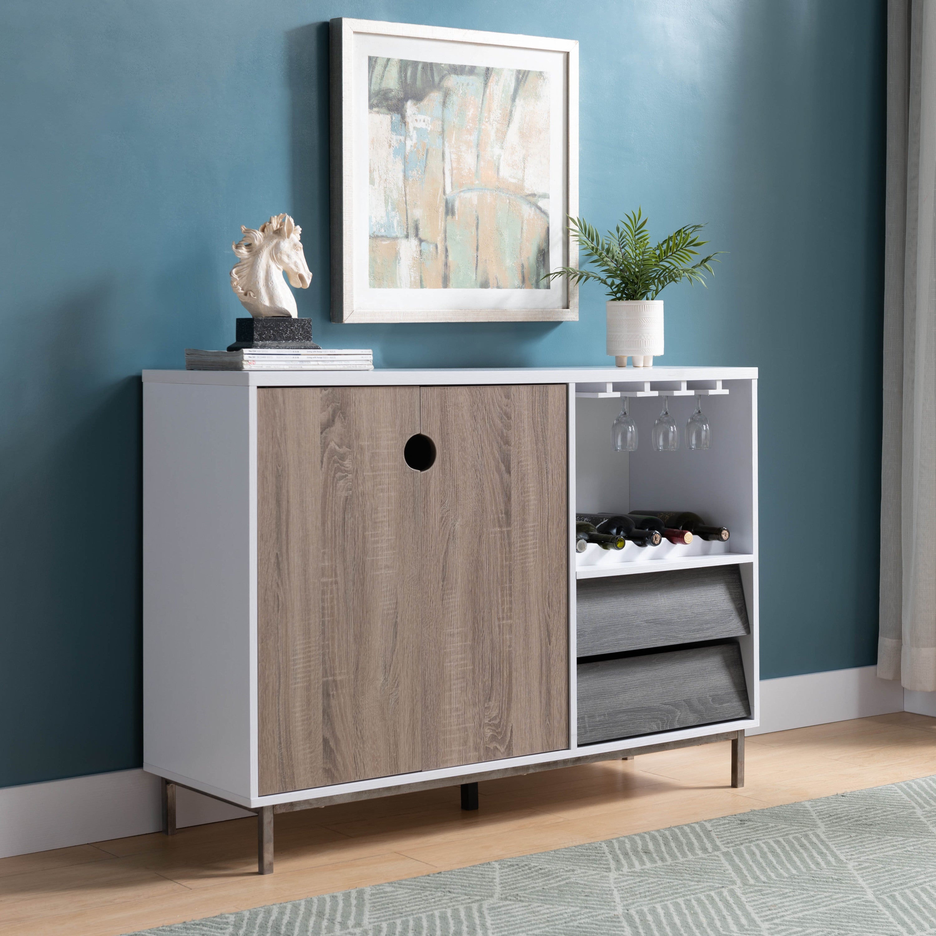 White Wooden Wine Glass Rack with Drawer