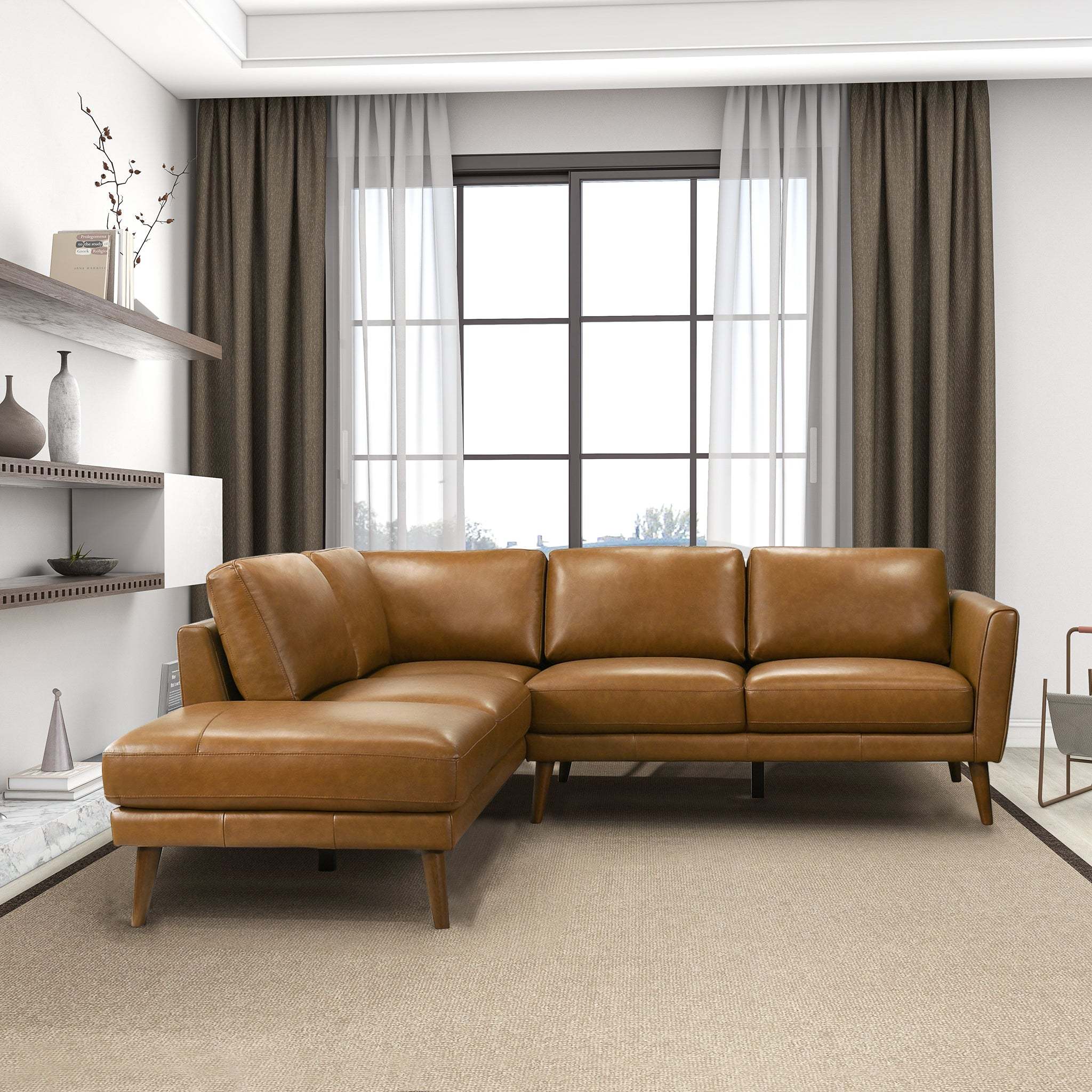 Benson Tan Leather Sectional Sofa: Left Chaise