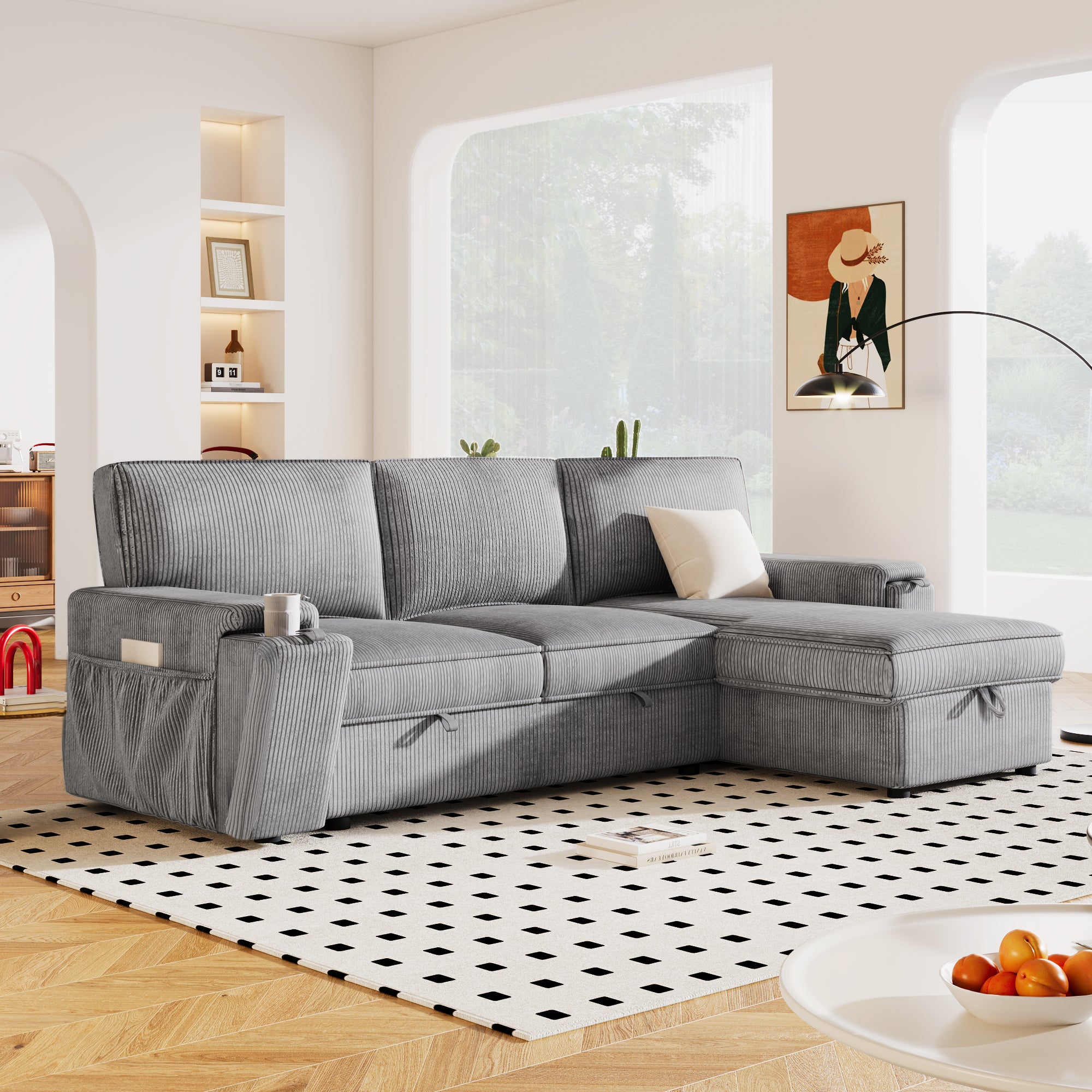 U-Style Sleeper Sectional Sofa w/ Storage & Cup Holders