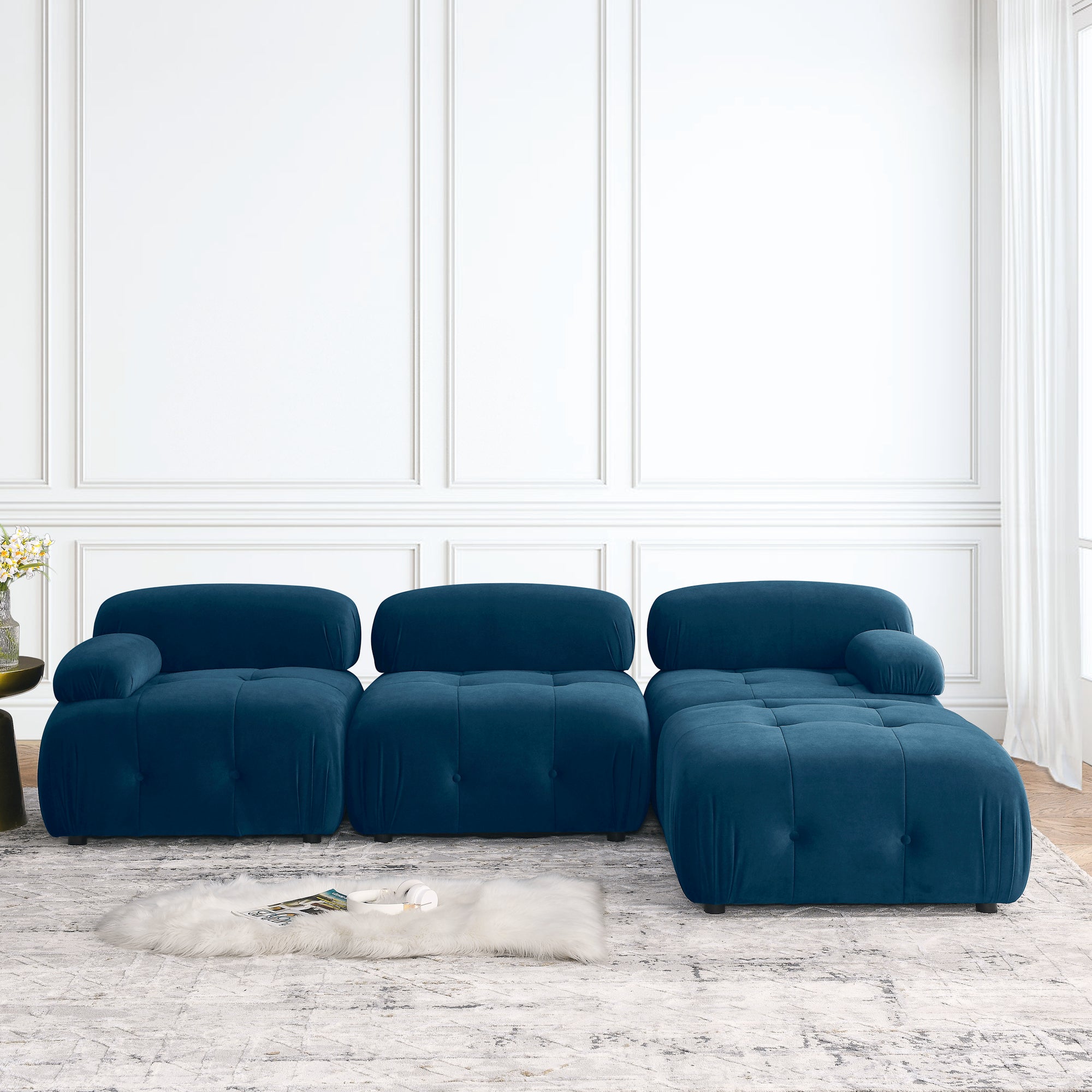 Modular Sectional Sofa, Navy Velvet L-Shape Couch w/ Ottoman