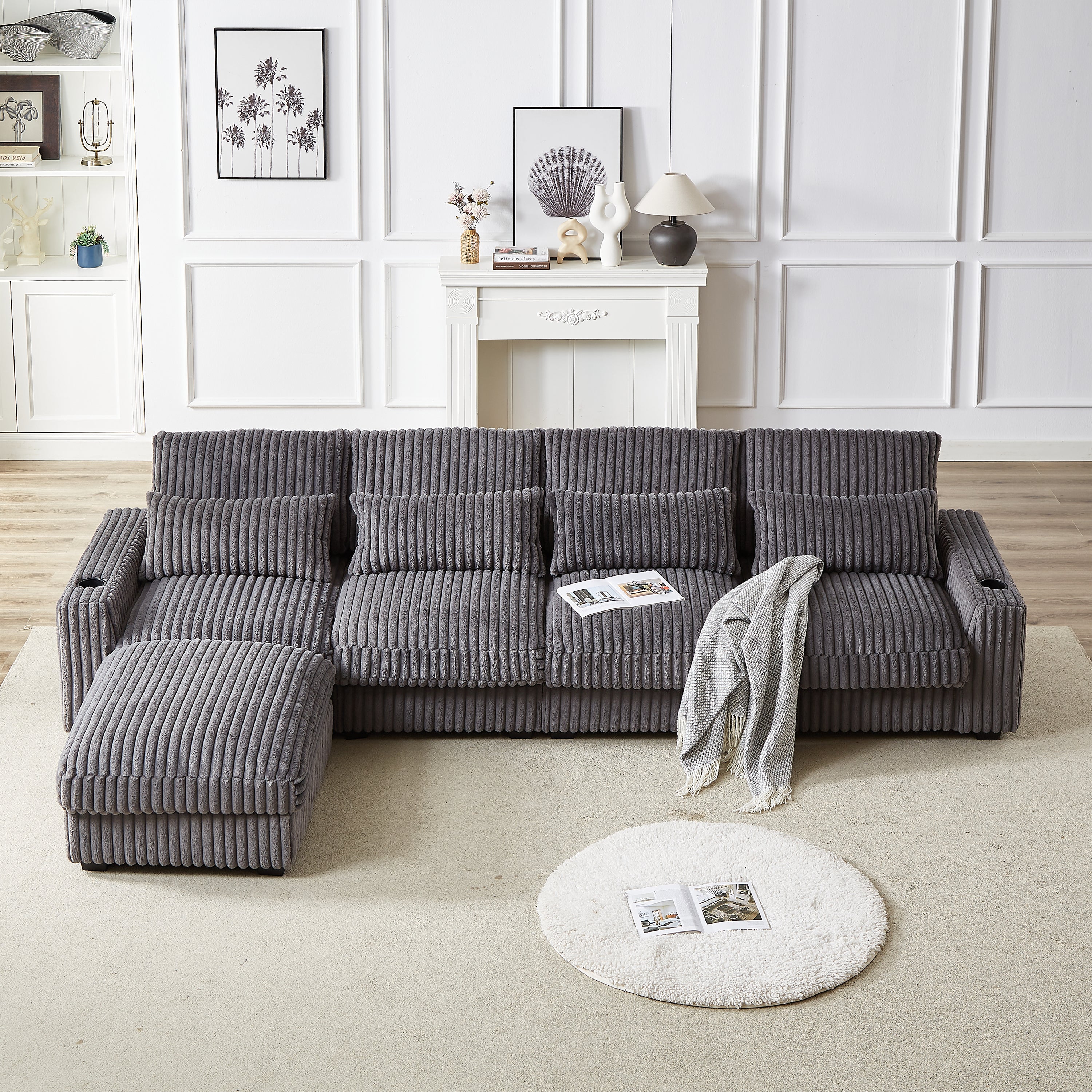 126" Corduroy L-Shaped Sofa w/ Cup Holder & USB