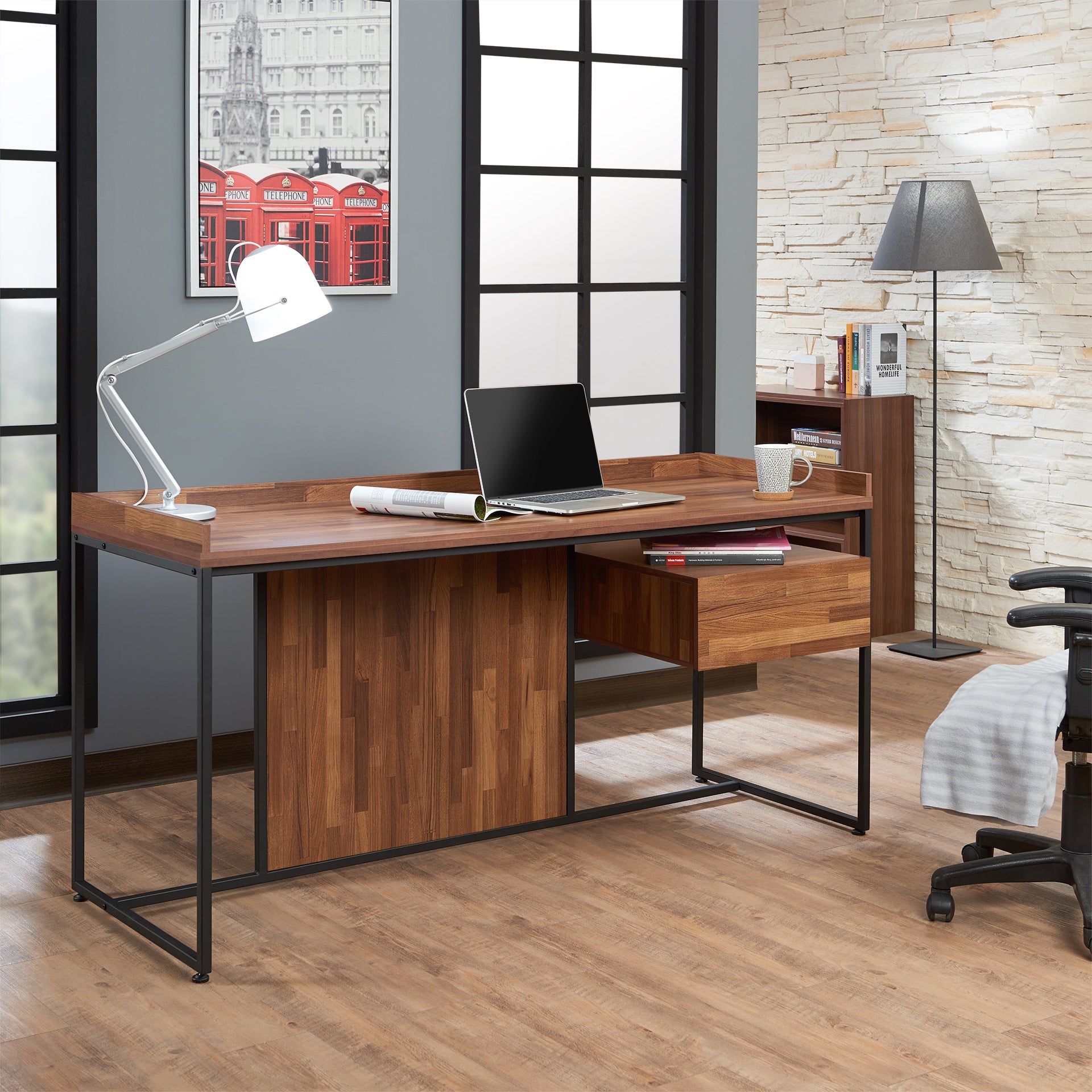 Walnut & Sandy Black 1-Drawer Writing Desk
