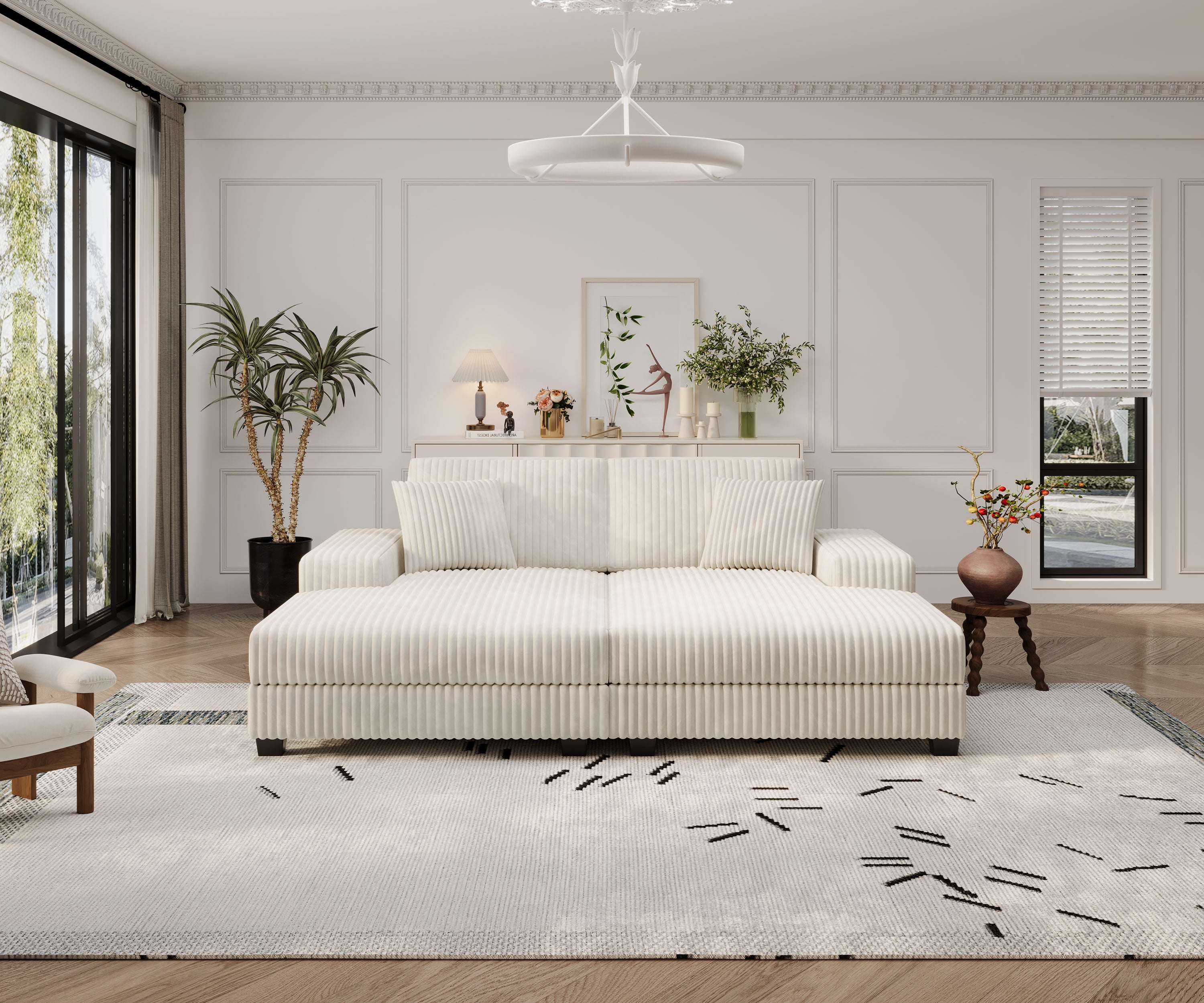 Beige Corduroy Convertible Sofa: Oversized & Fluffy