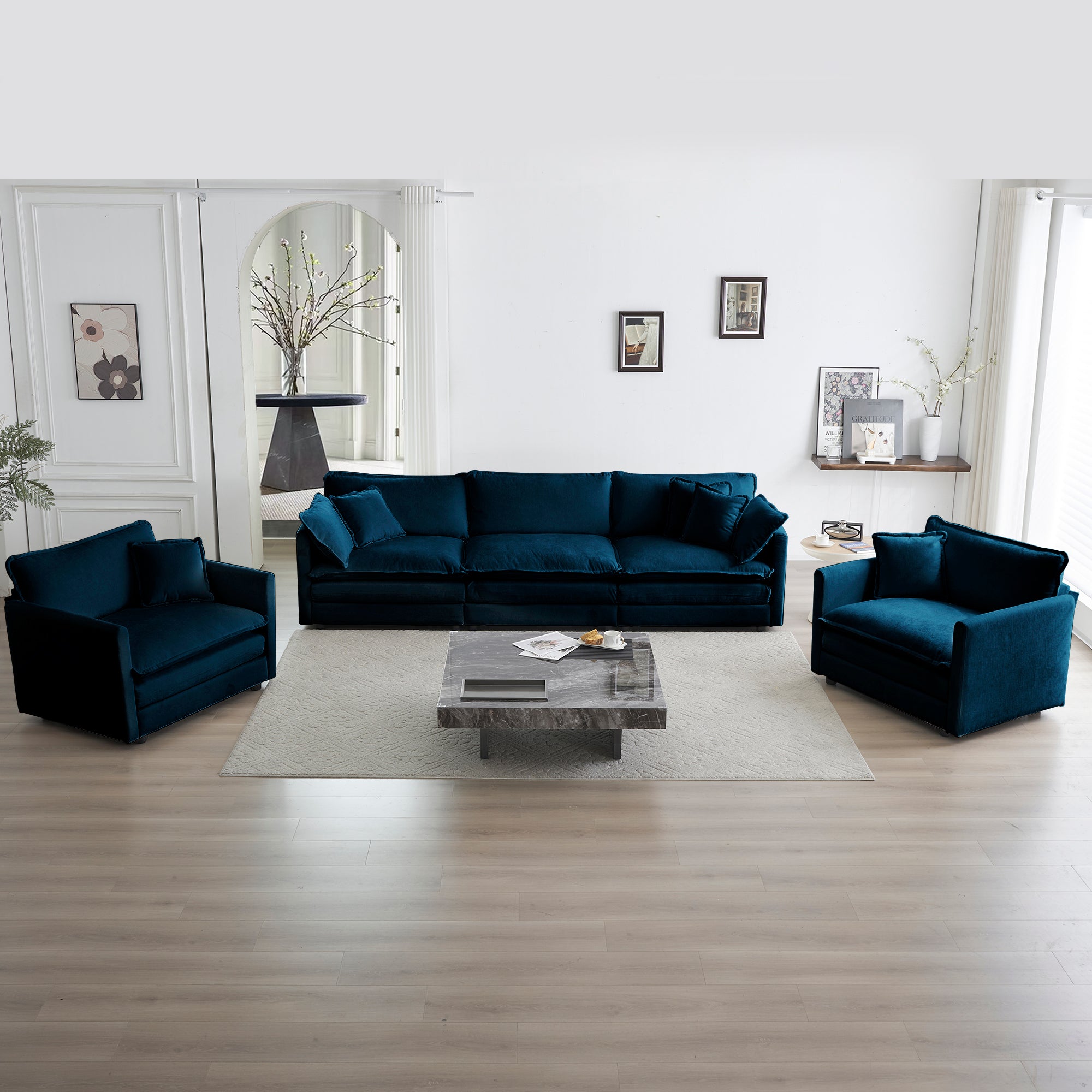 Modern Blue 3-Piece Sofa Set: 1+1+3 Seats